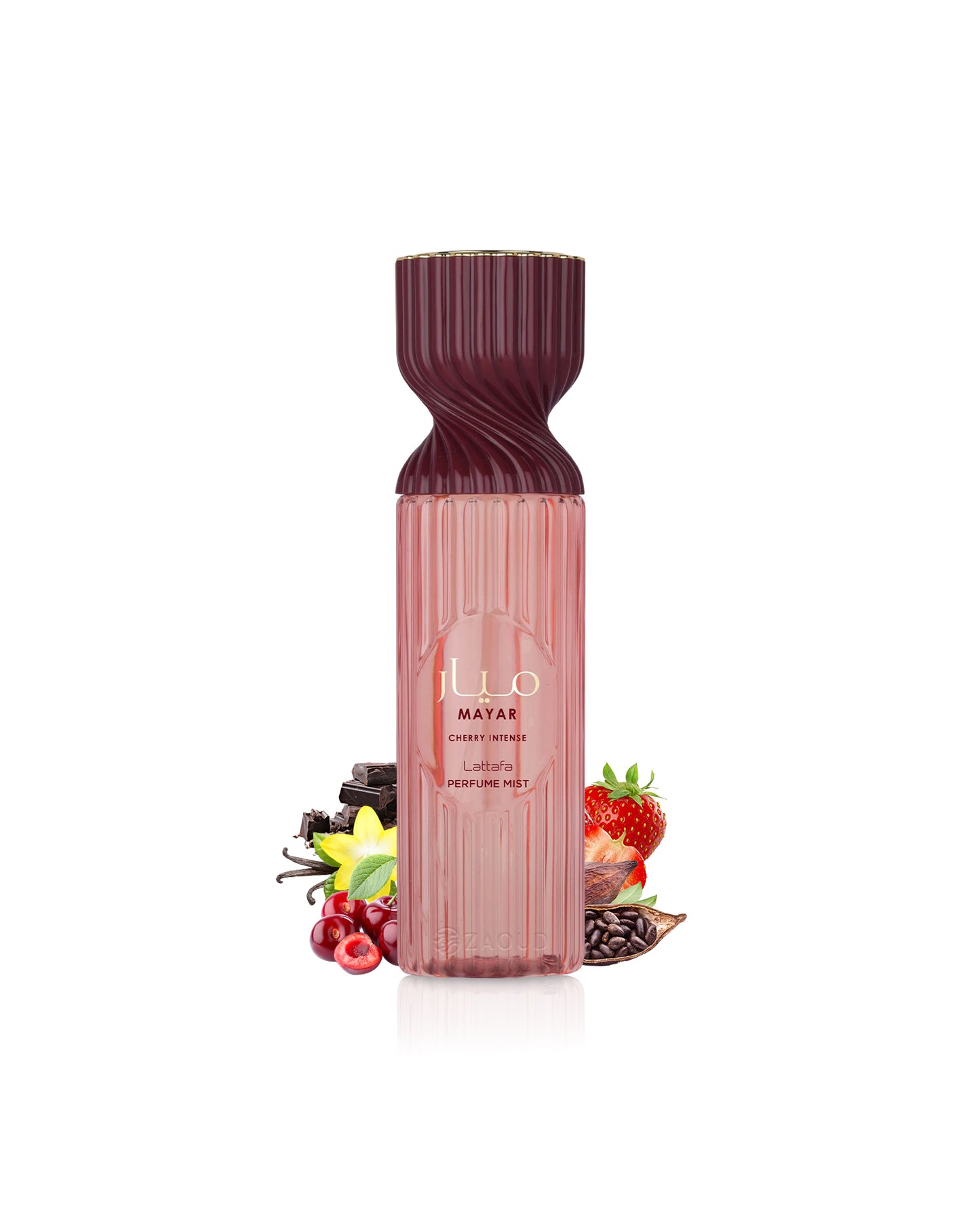 lattafa mayar cherry intense Pink perfume bottle with fruit illustrations on a white background