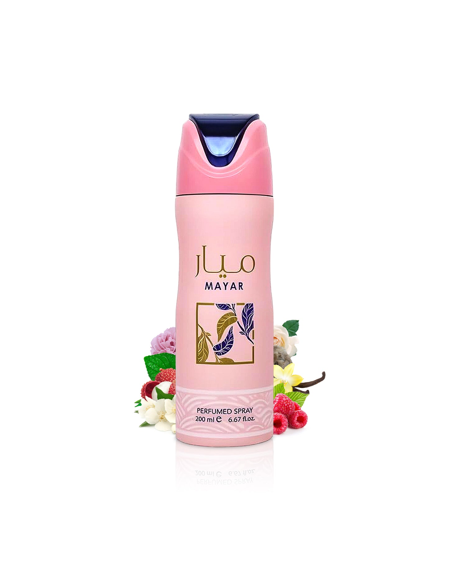 lattafa mayar deodorant Pink spray bottle with floral fruity design on a white background