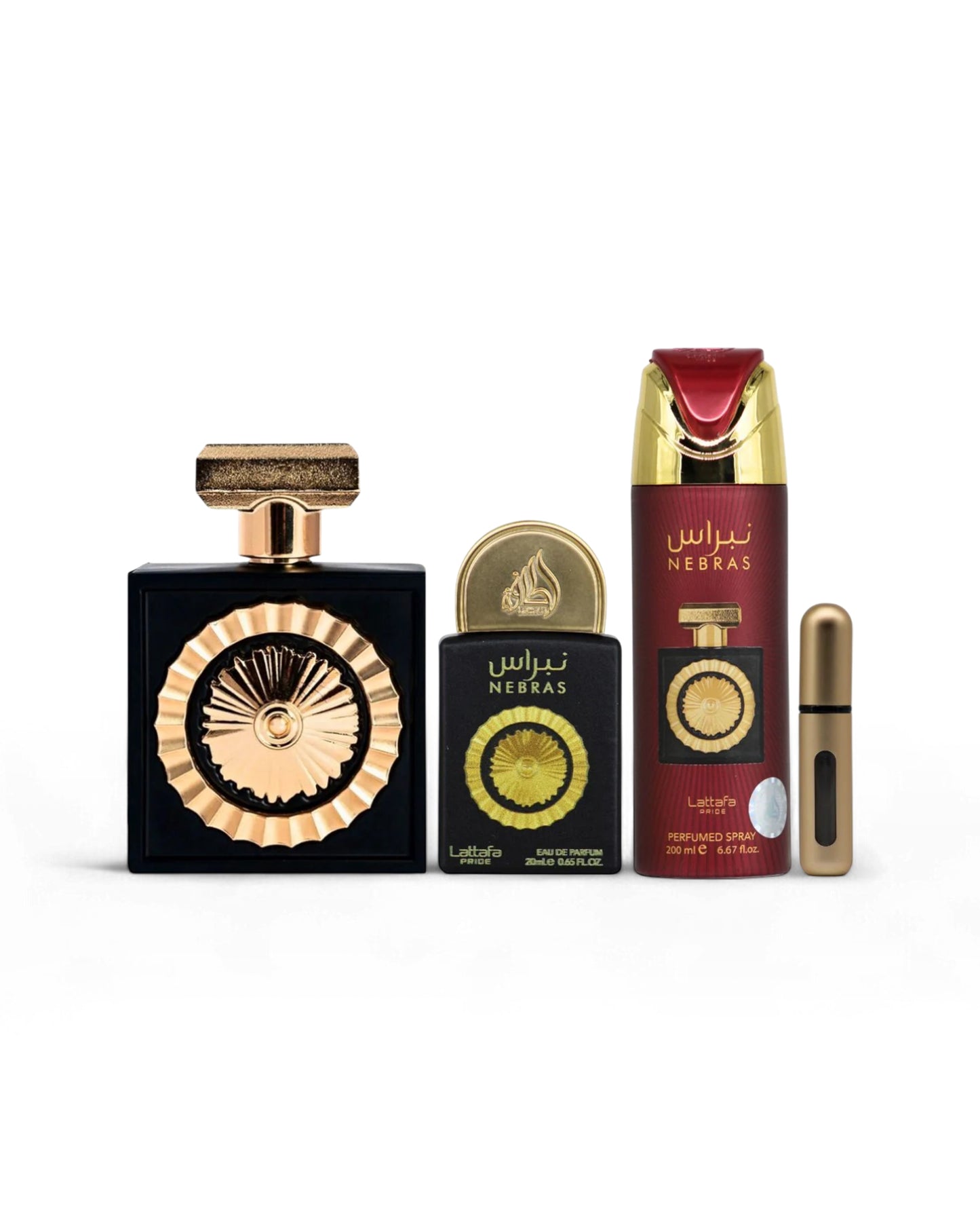 Collection of lattafa Nebas perfume bottles and deodorant bottle on a white background