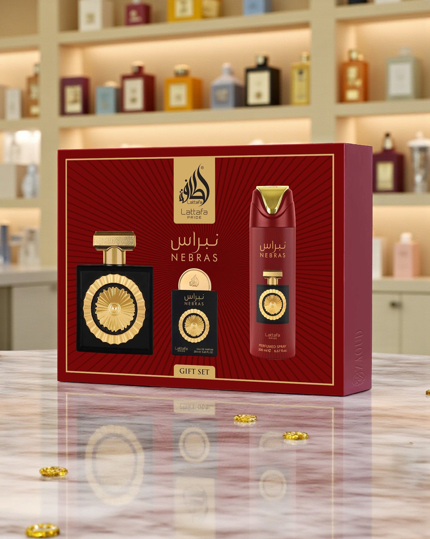 lattafa nebras gift set box on a reflective surface.