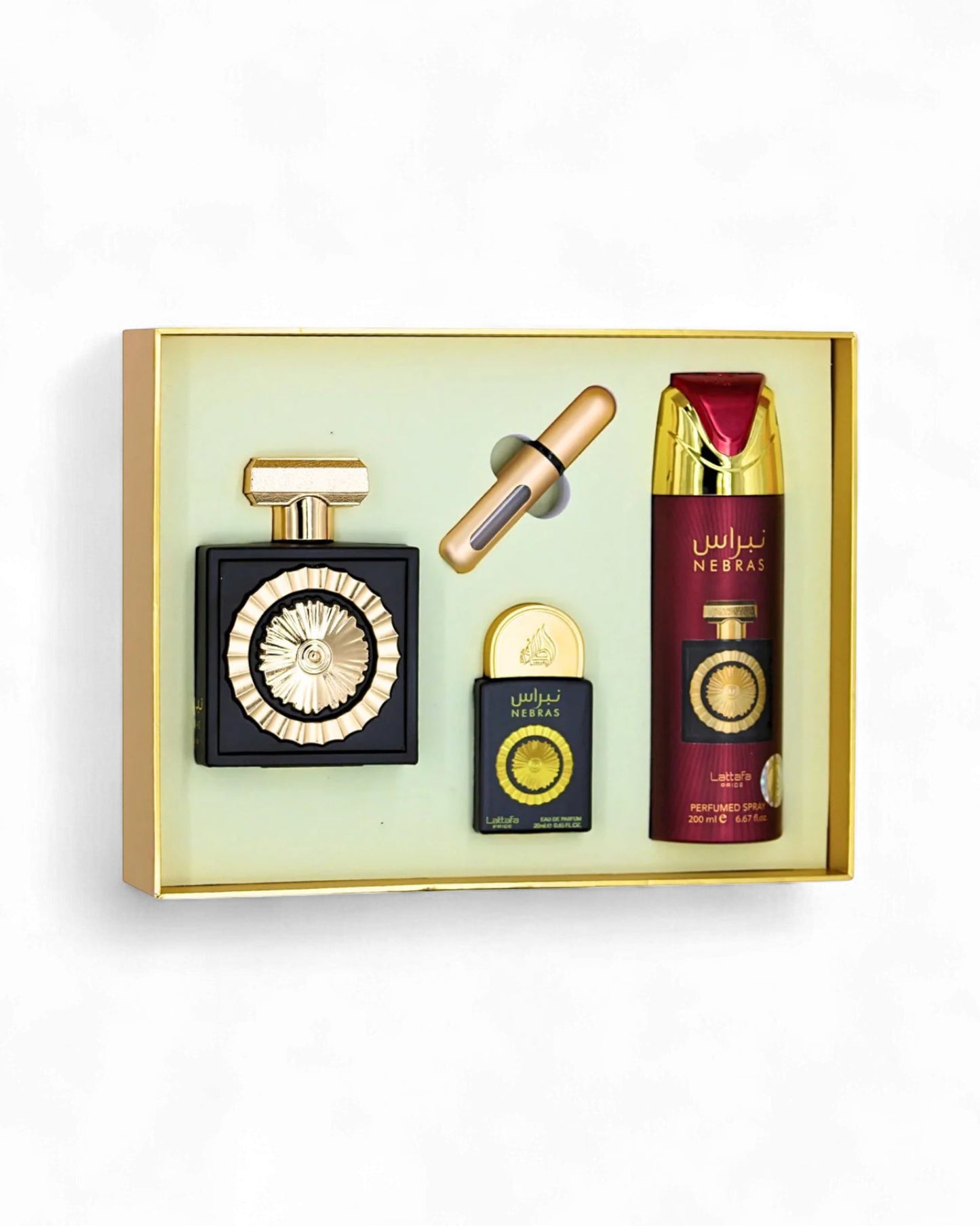 lattafa nebras gift Set of perfume bottles in a decorative box on a white background