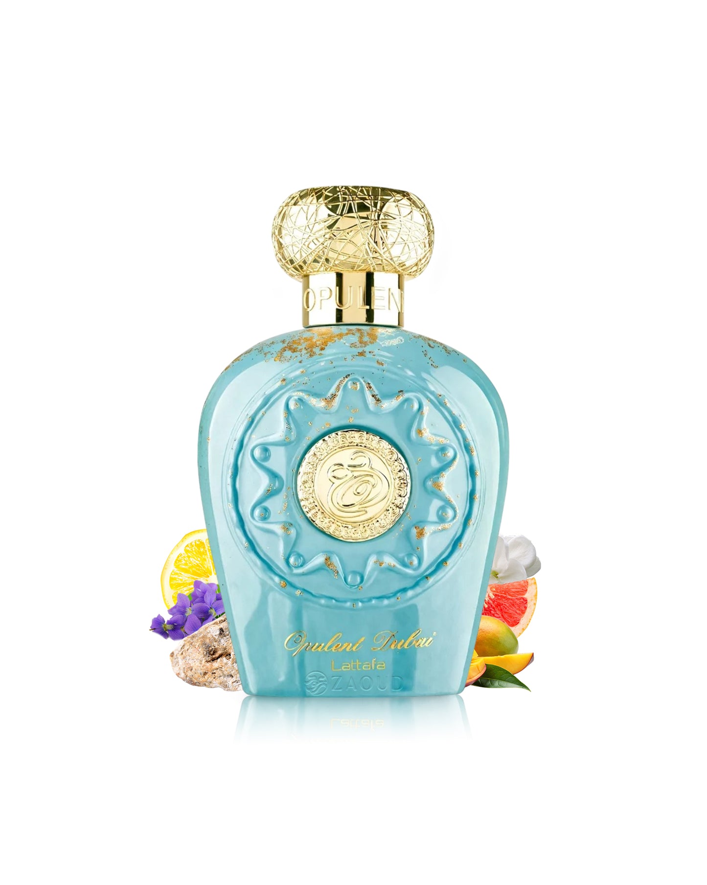 lattafa opulent dubai perfume bottle surrounded with fragrance notes like mango and citrus shows against white background