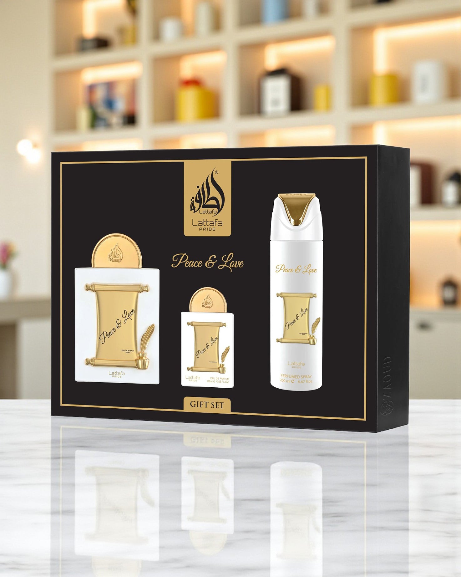 lattafa peace and love gift set packaging featuring gold accents on a marble surface.