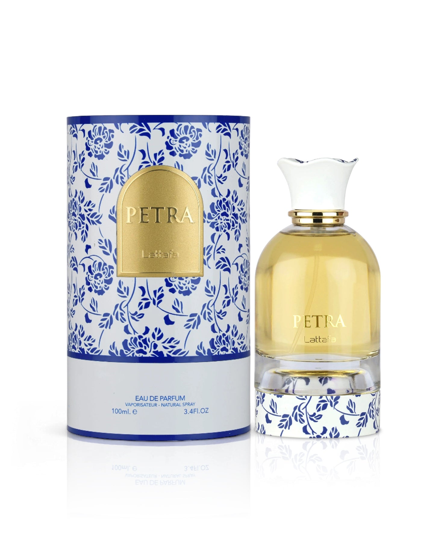 lattafa petra perfume bottle shows beside its box against white background