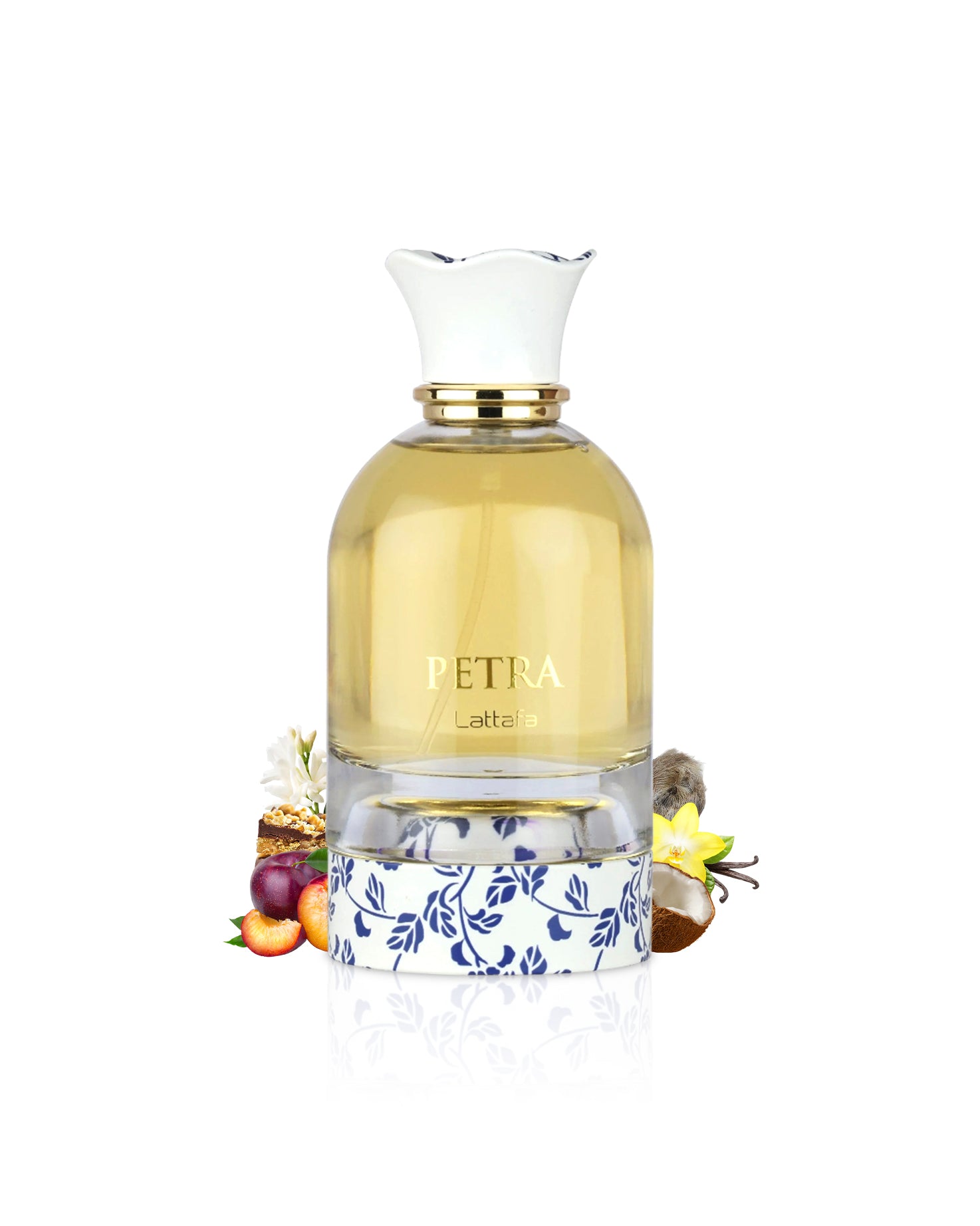 lattafa petra perfume bottle surrounded by fragrance notes like coconut and pulm  shows against white background