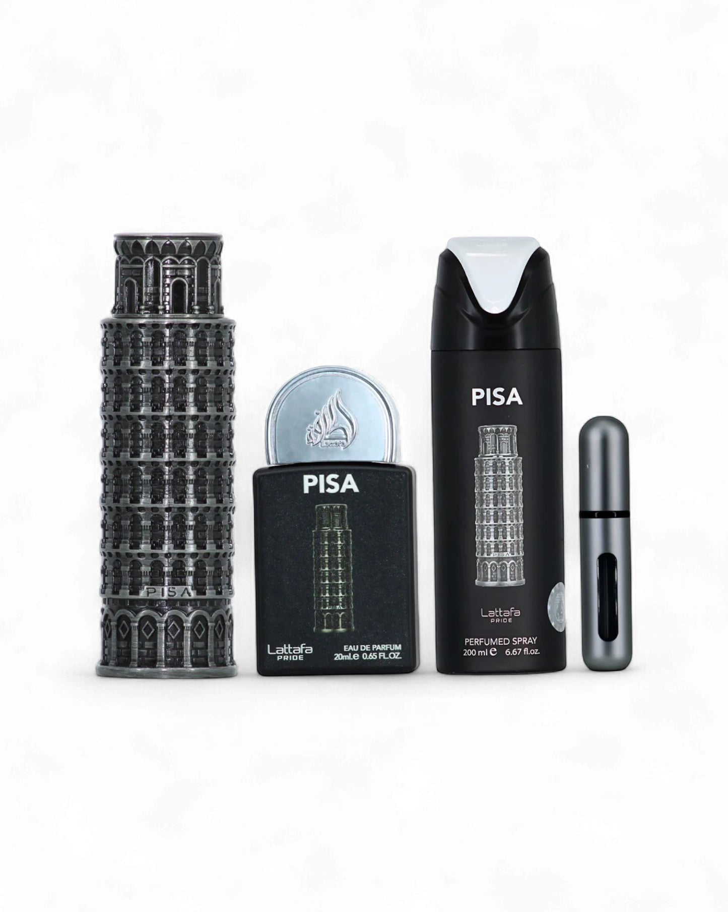 lattafa pisa gift set including perfume bottles and automizer on a white background