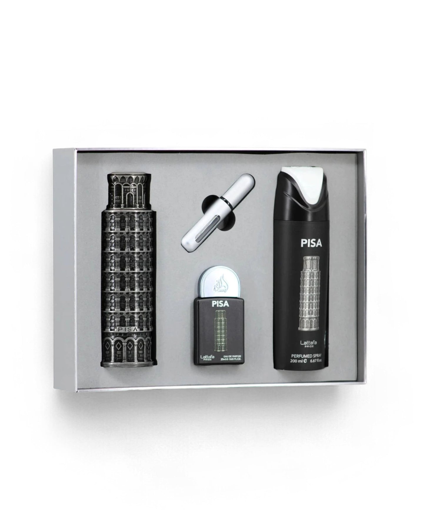 lattafa pisa gift set including perfume bottles and a deodorant bottle in a box on a white background