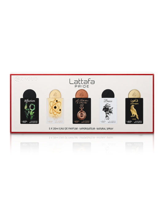 Lattafa Pride box miniature 5-piece fragrance gift set in a white box with a red border, featuring five miniature perfume bottles with black, gold, and copper-colored labels.