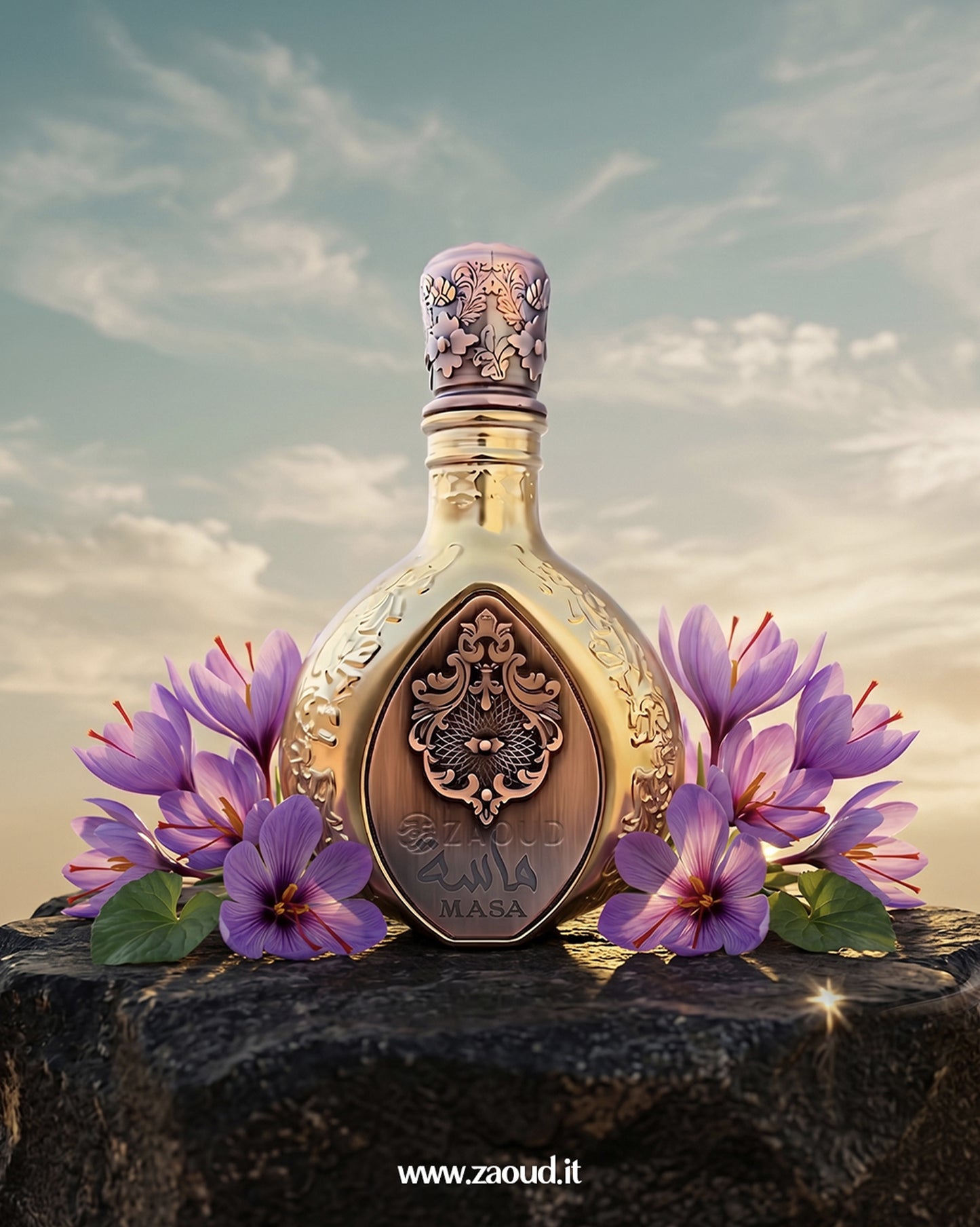 Lattafa Pride Masa perfume bottle placed on stone with purple flowers and sky background, highlighting a luxurious fruity saffron fragrance aesthetic.
