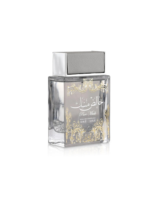lattafa pure musk perfume bottle with deodorant bottle shows against whithe background