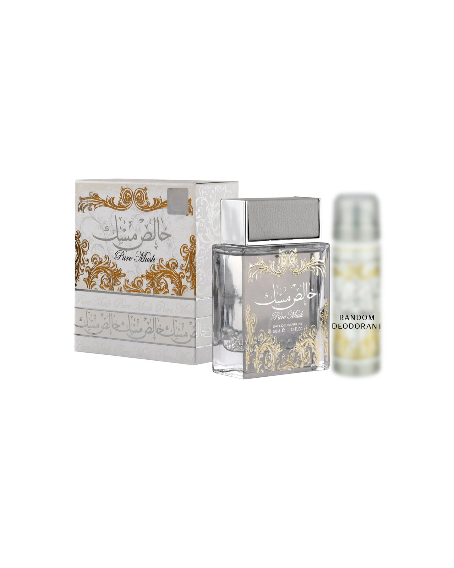 lattafa pure musk perfume bottle with deodorant bottle shows beside its box against whithe background
