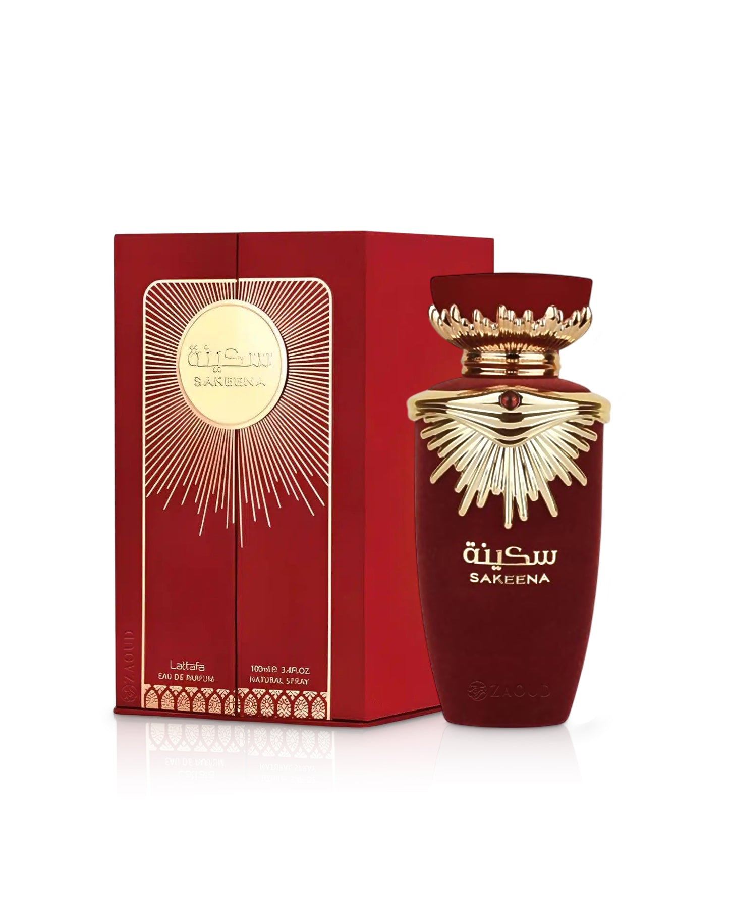 lattafa sakeena perfume bottle shows beside its box against white background