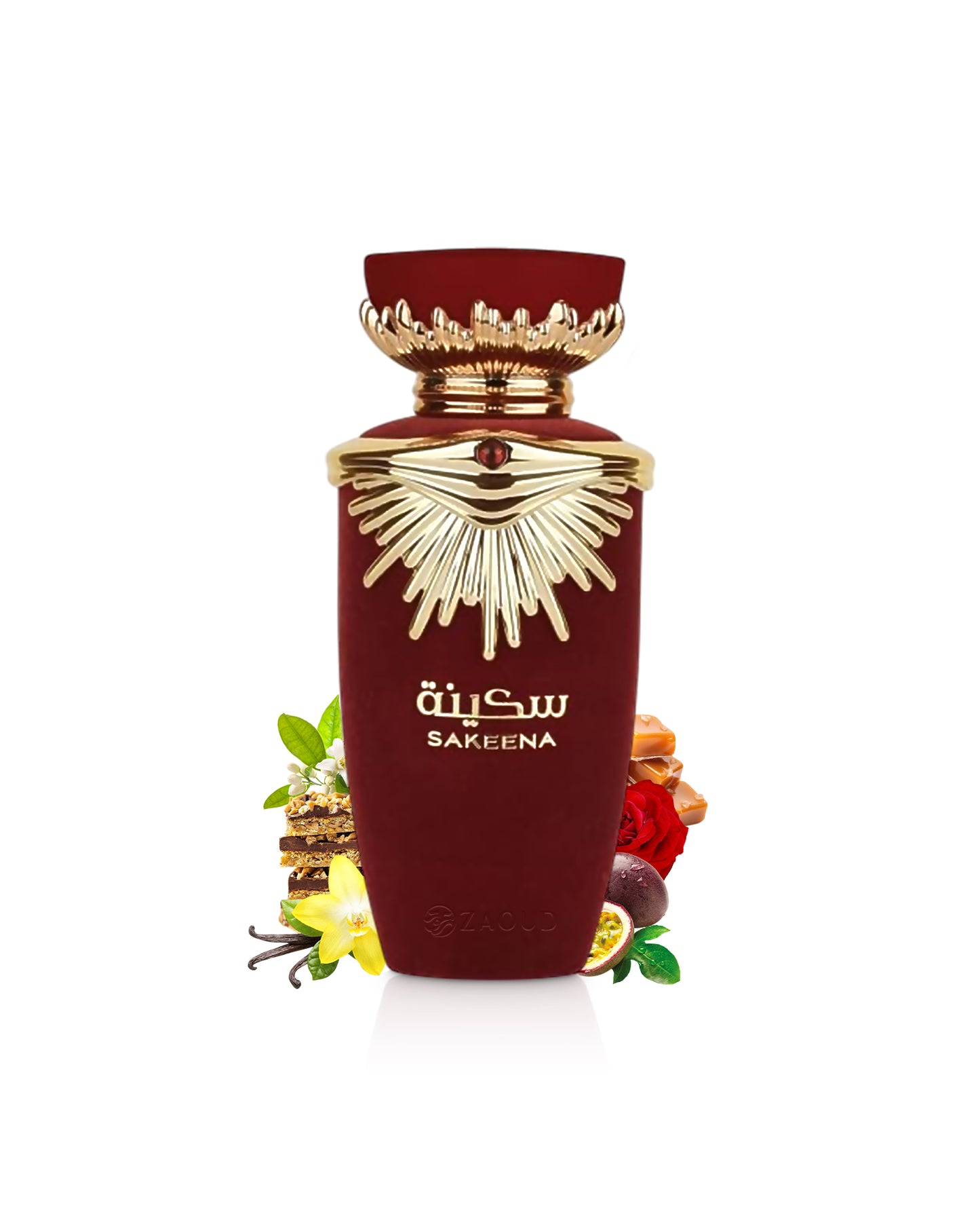 lattafa sakeena perfume bottle surrounded with fragrance notes like vanilla and rose shows against white background