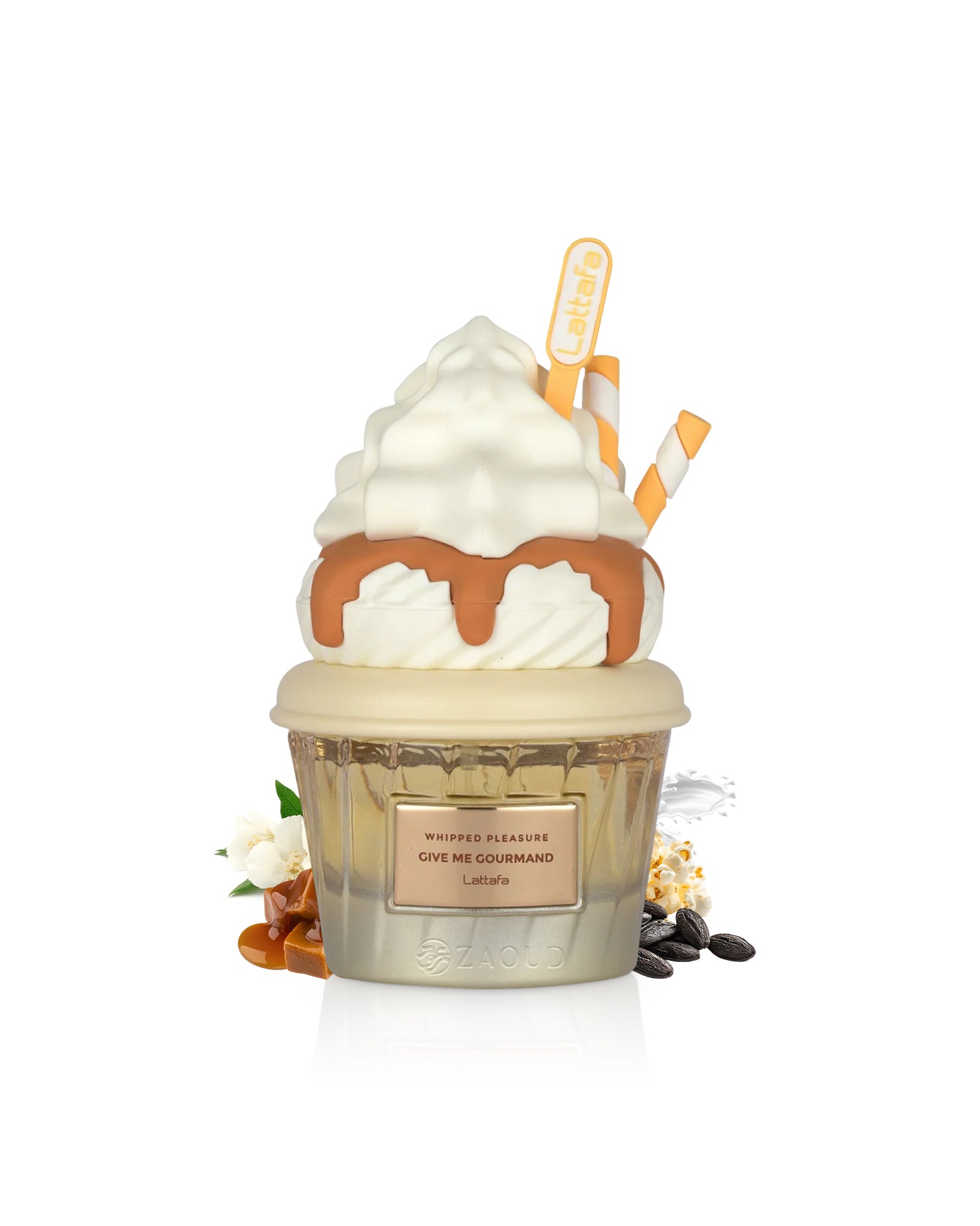 lattafa whipped pleasure perfume ice cream shape bottle surrounded by fragrance notes like caramel and tonka shows against whit ebackground