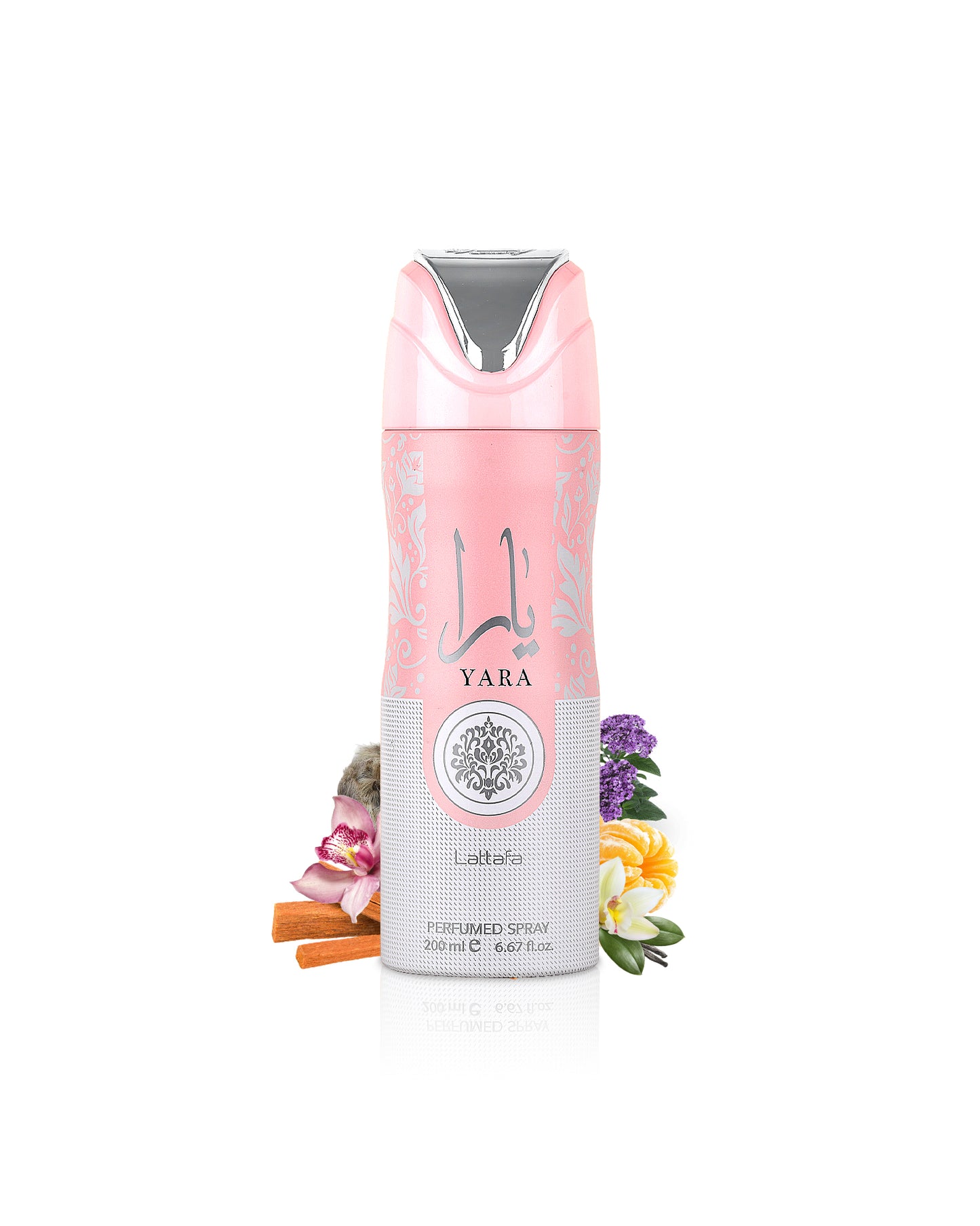 lattafa yara deodorant bottle surrounded with fragrance notes like vanilla and heliotrop shows against white background