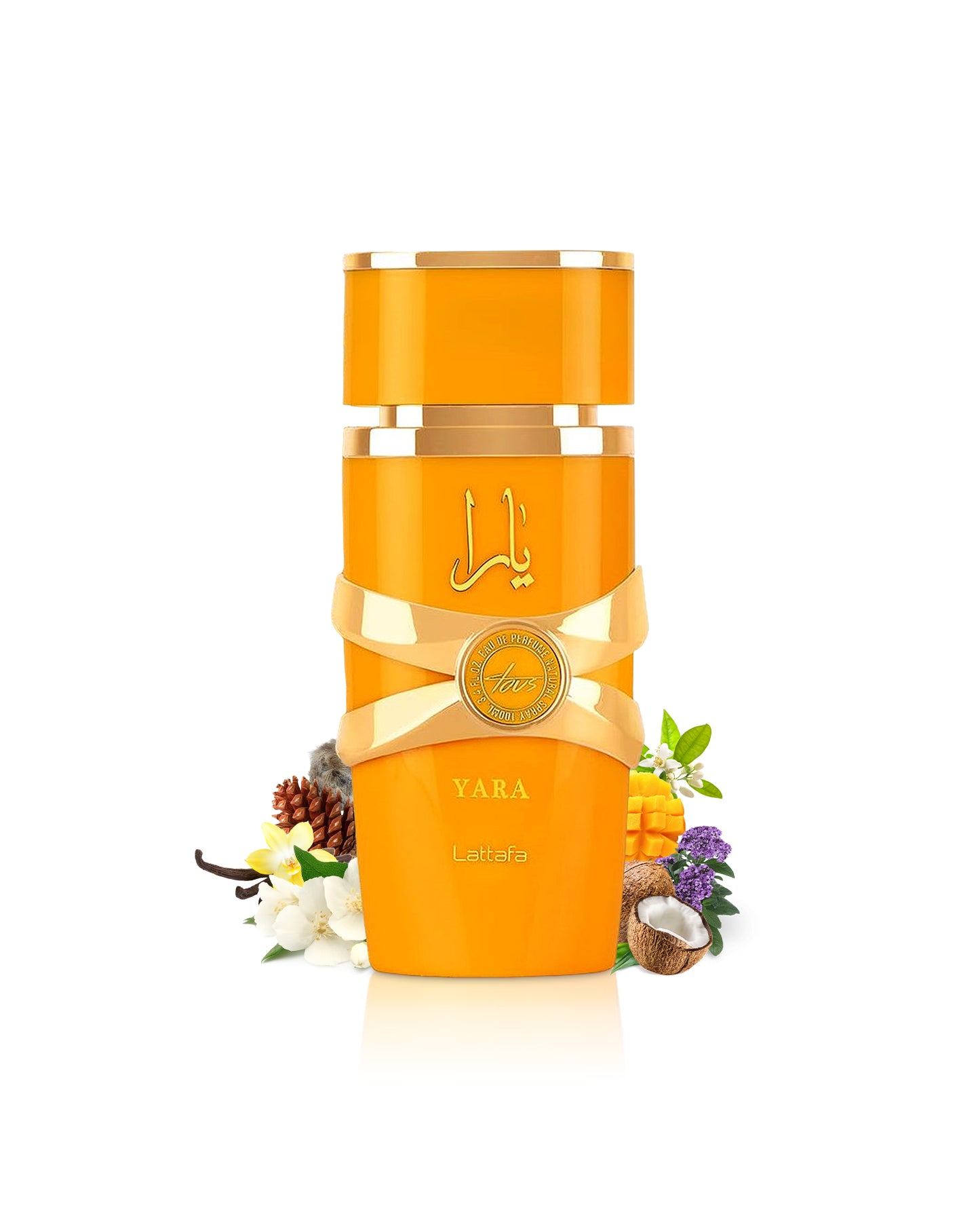 lattafa yara tous perfume bottle surrounded with its ingredients like jasmine and coconut with many others like mango shows from behind the bottle against white background