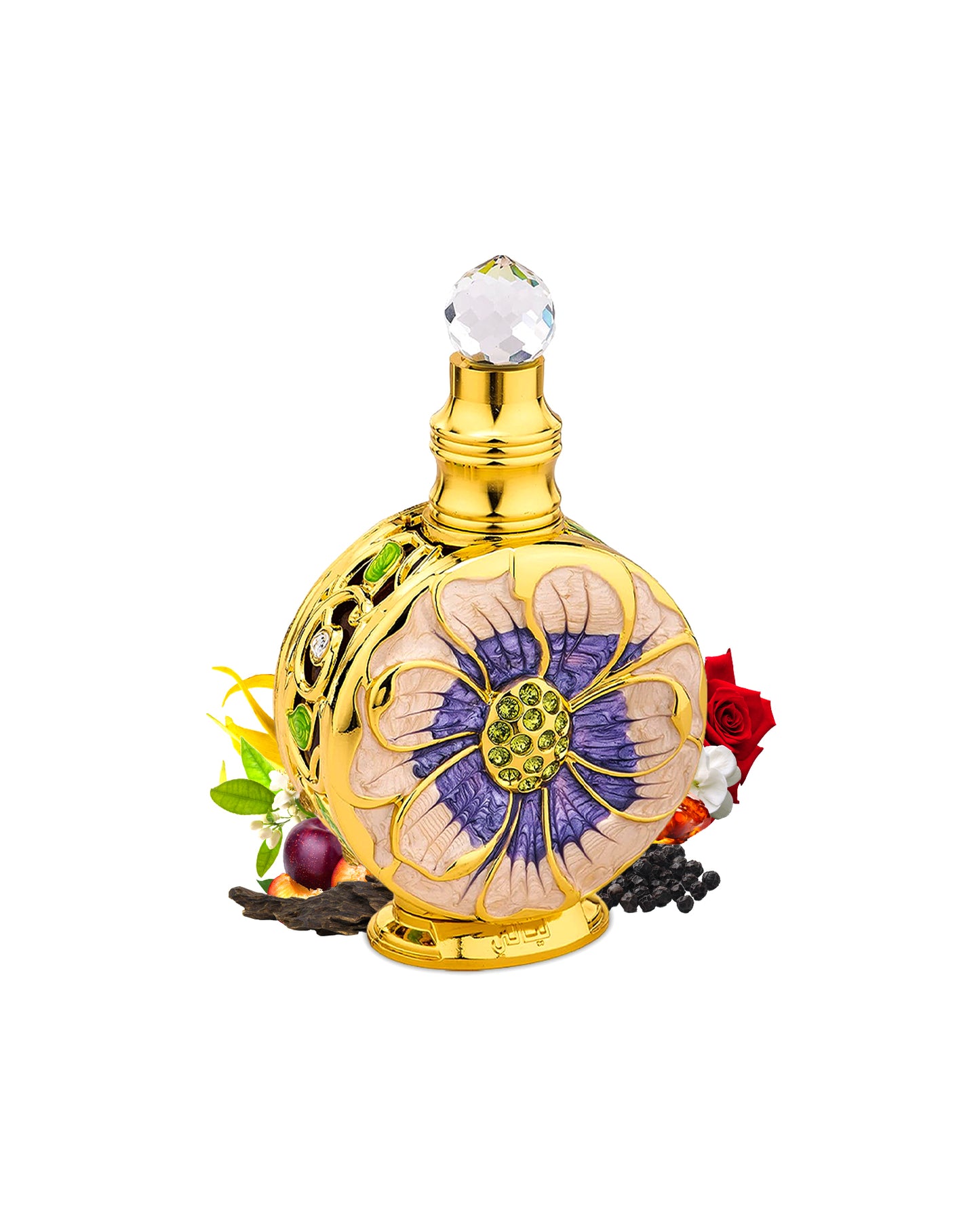 layali eau de parfum by swiss arabian perfume bottle surrounded with its ingredients like rose and oud with many others shows from behind the bottle against white background