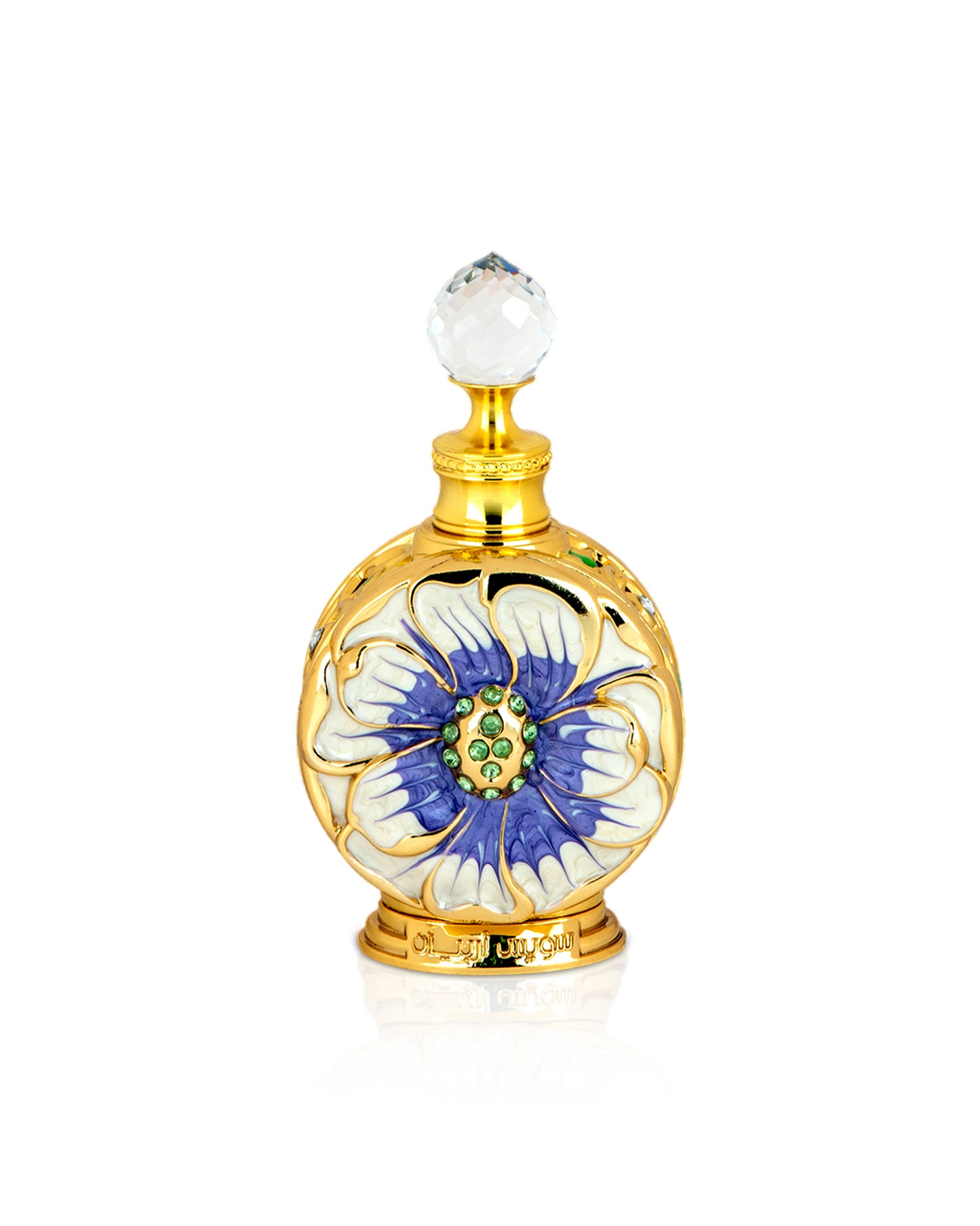 Swiss arabian layali perfume oil bottle with floral design and gold accents on a white background
