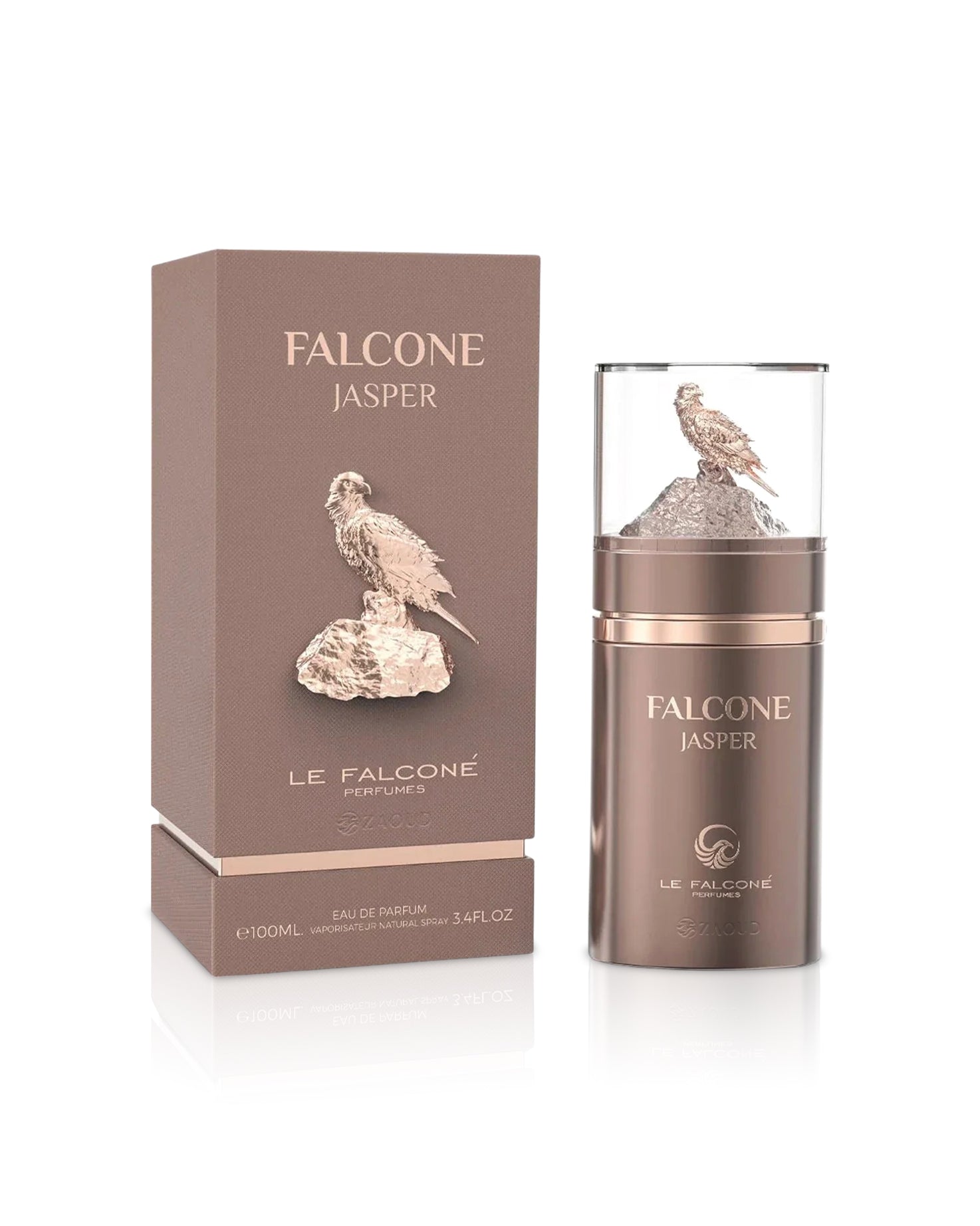 le falcone jasper perfume bottle shows beside its box against white background