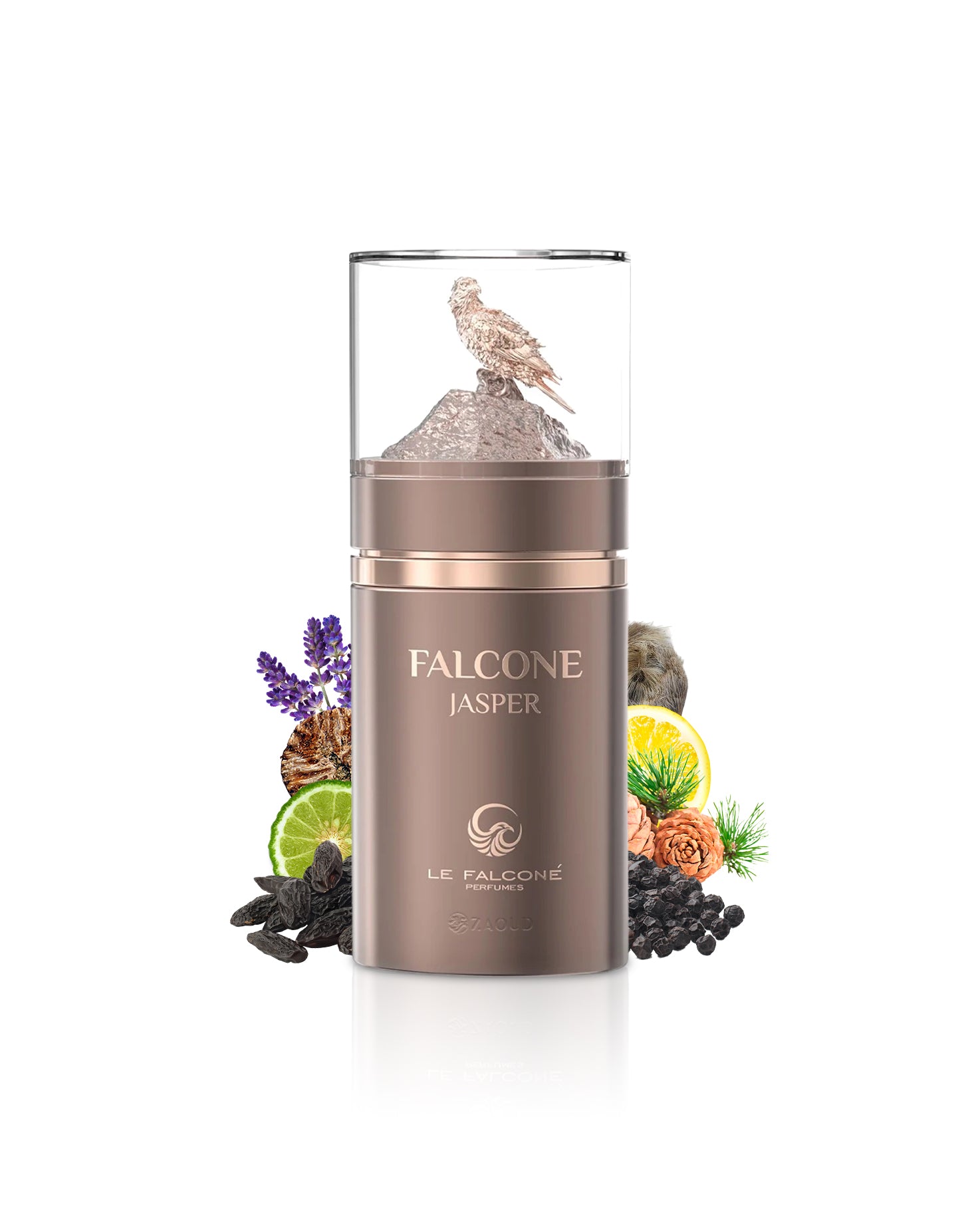 le falcone jasper perfume bottle surrounded by fragrance notes like citrus and spices shows against white background