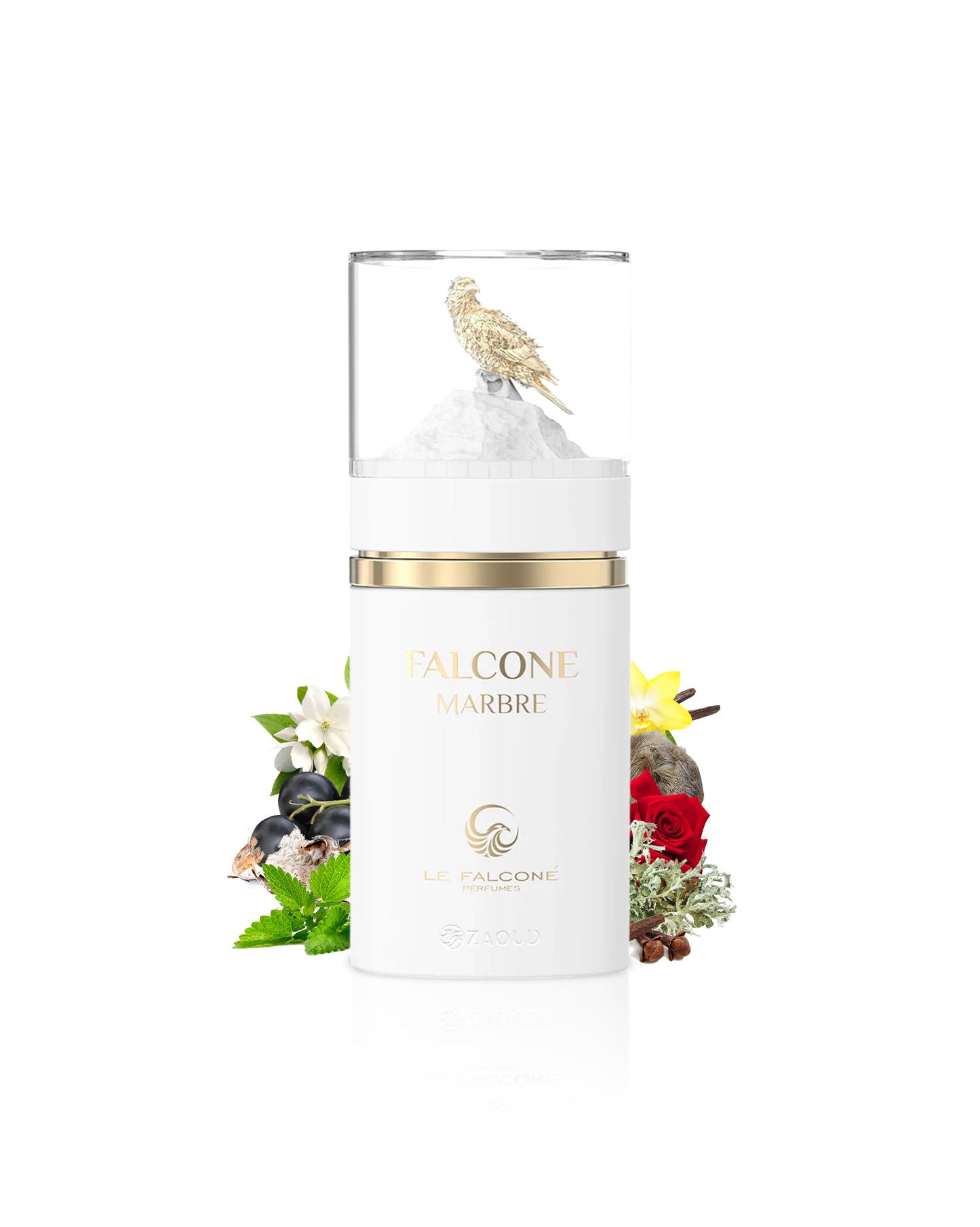 le falcone marbre White candle with gold lid featuring 'falcone Marbre' branding on a white background with decorative elements like mint and cloves.