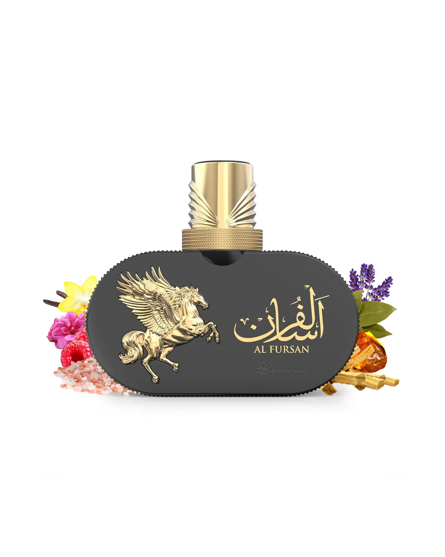 le falcone al fursan highfly Perfume bottle with gold cap and black base featuring 'Al Fursan' branding surrounded by fragrance notes like amber and salt on a white background.