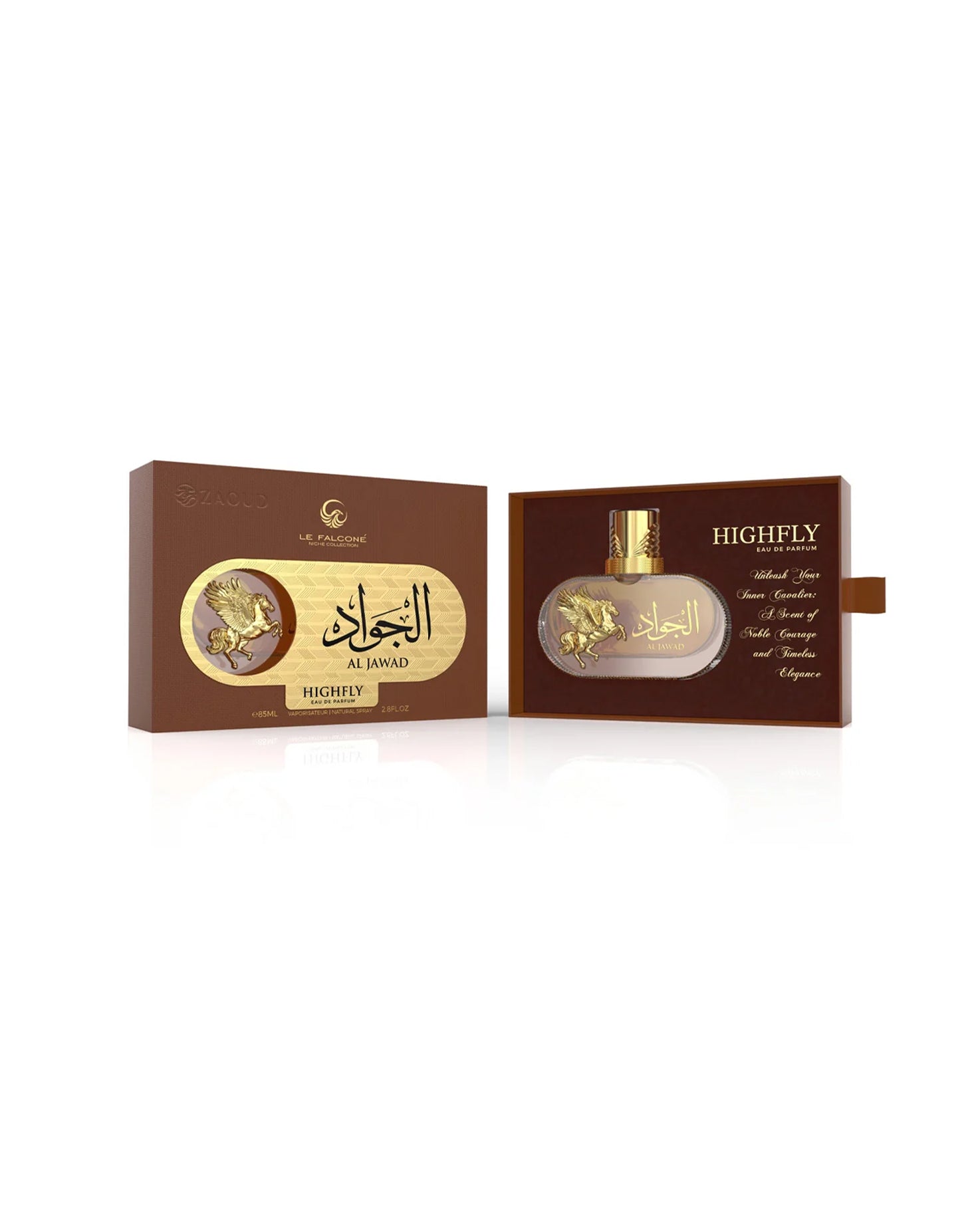 le falcone al jawad highfly perfume bottle shows besideits packaging against white background