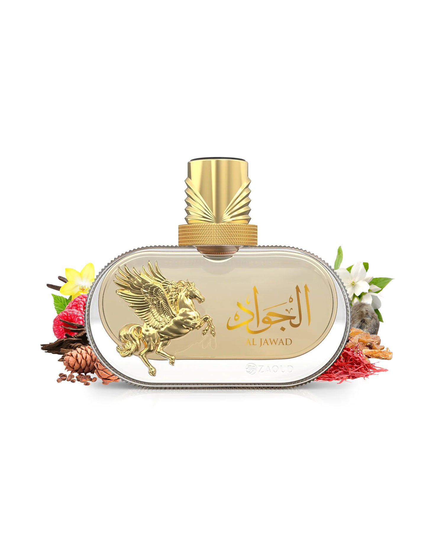le falcone al jawad highfly perfume bottle surrounded by fragrance notes like saffron and jasmine shows against white background