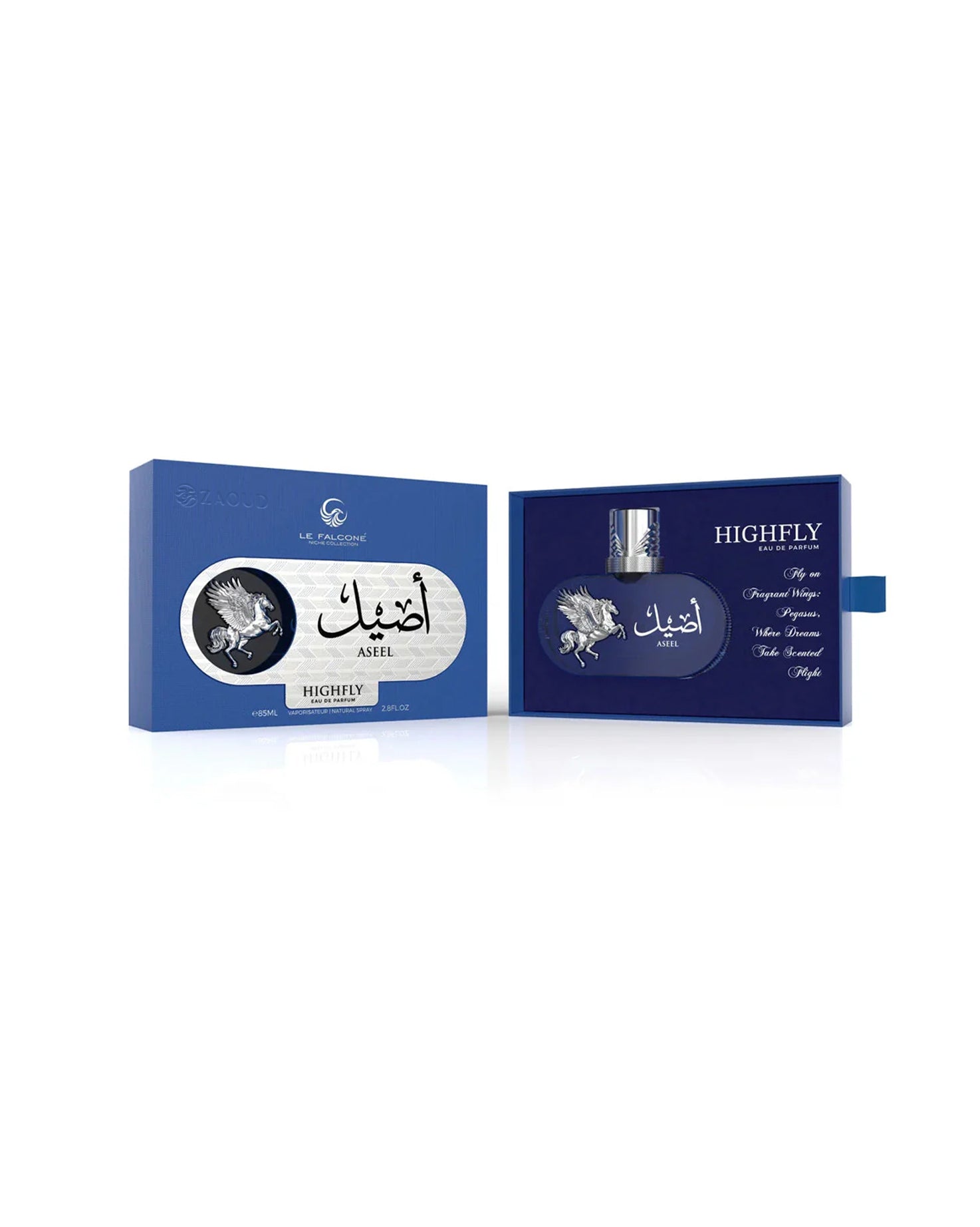 le falcone aseel highfly perfume bottle shows beside its packaging against white background