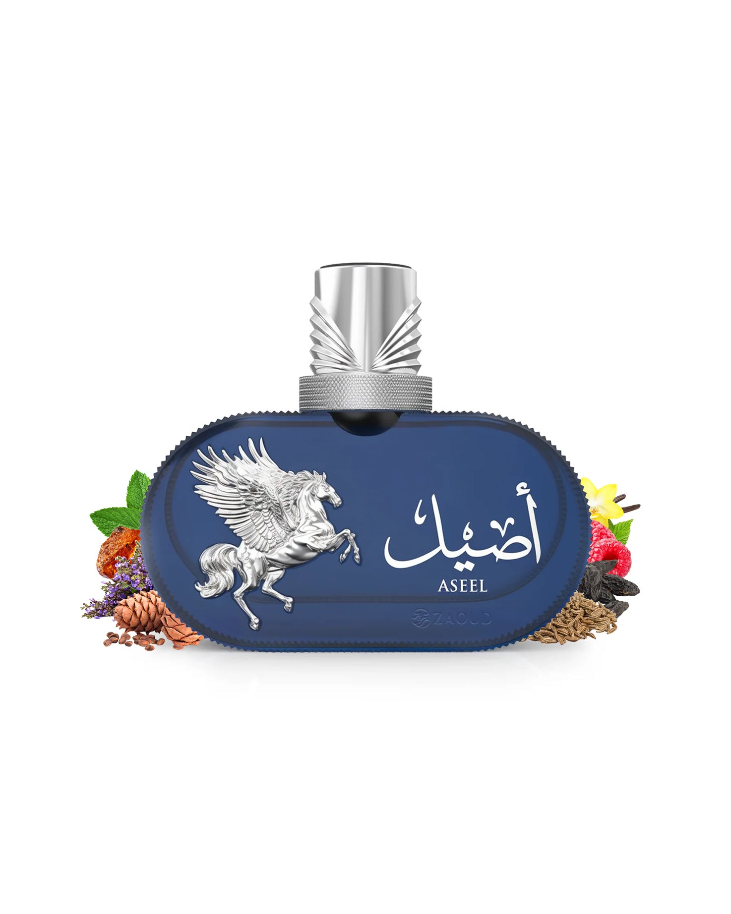 le falcone aseel highfly perfume bottle surrounded by fragrance notes like raspberry and amber shows against white background