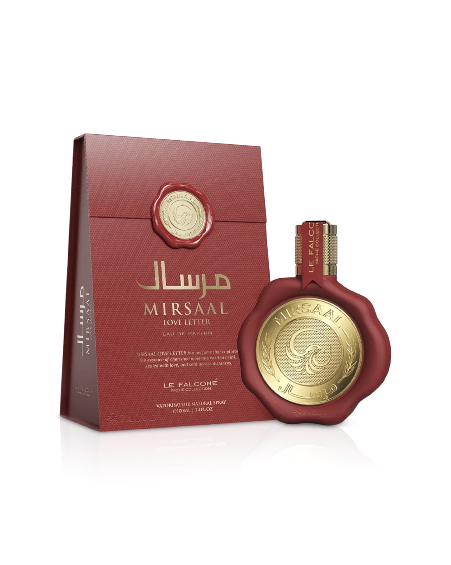le falcone mirsaal love letter Red and gold Mirsaal perfume bottle and packaging on a white background