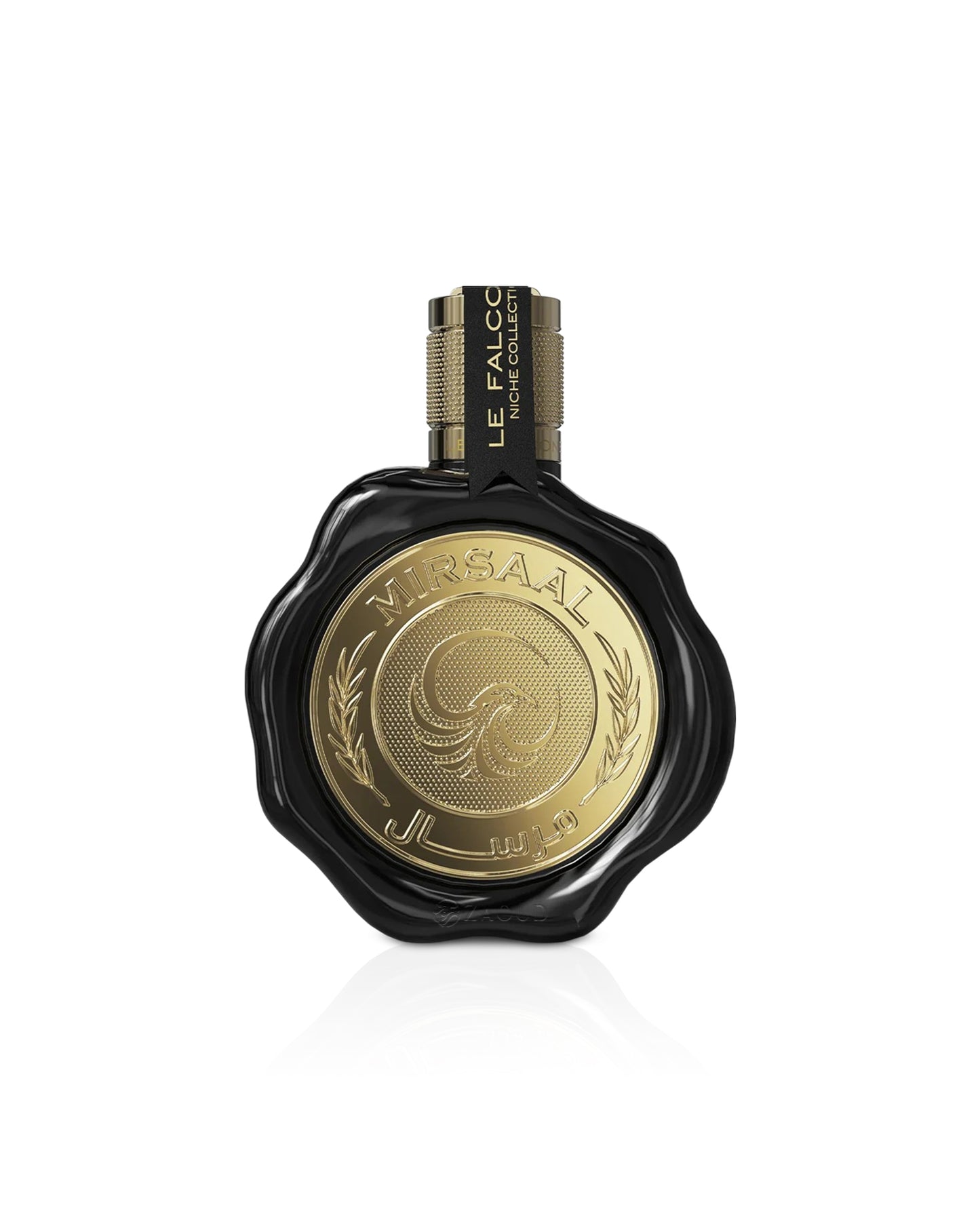le falcone mirsaal Valentine Perfume bottle with gold label and black casing on a white background
