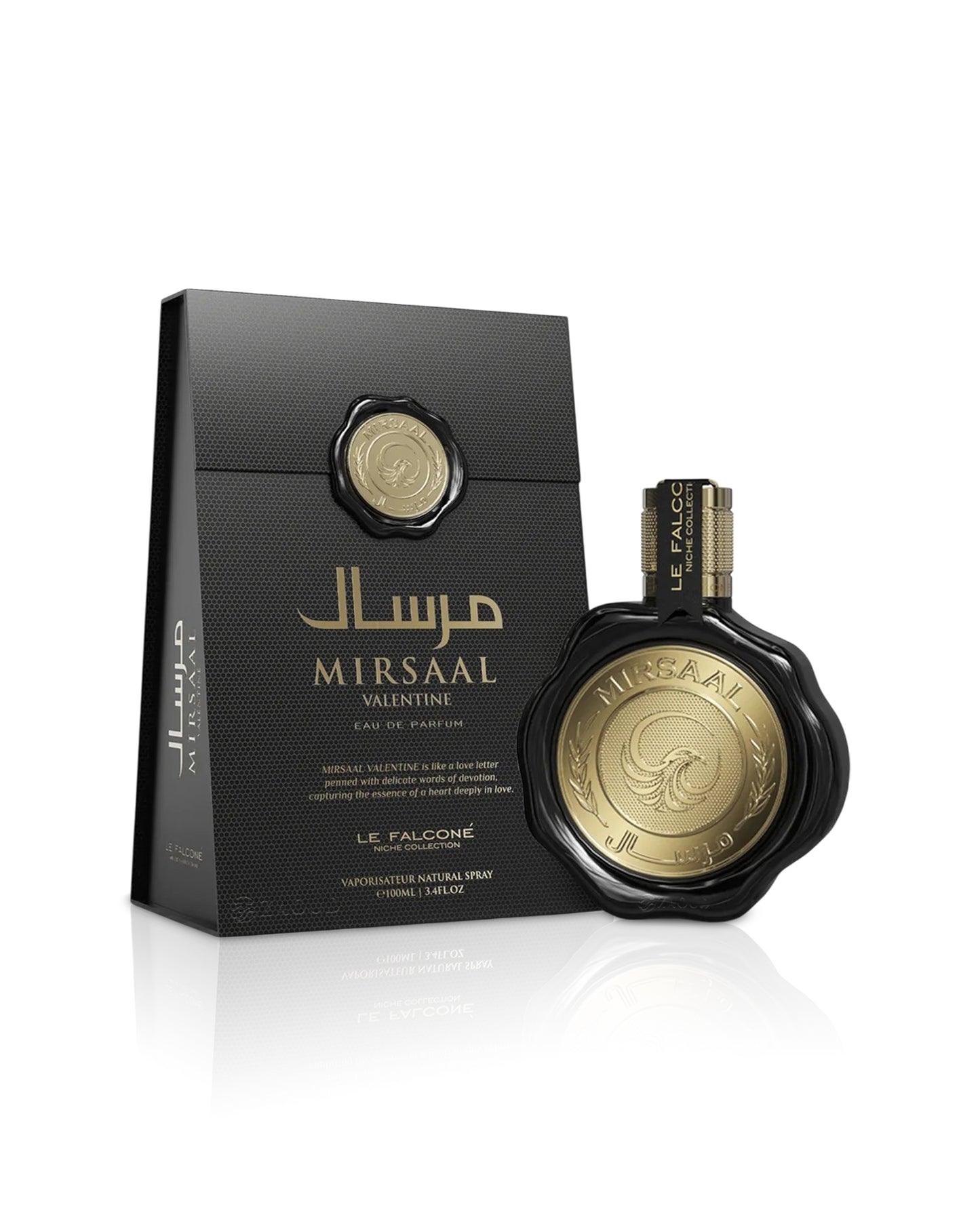 le falcone mirsaal Valentine perfume bottle and packaging on a white background