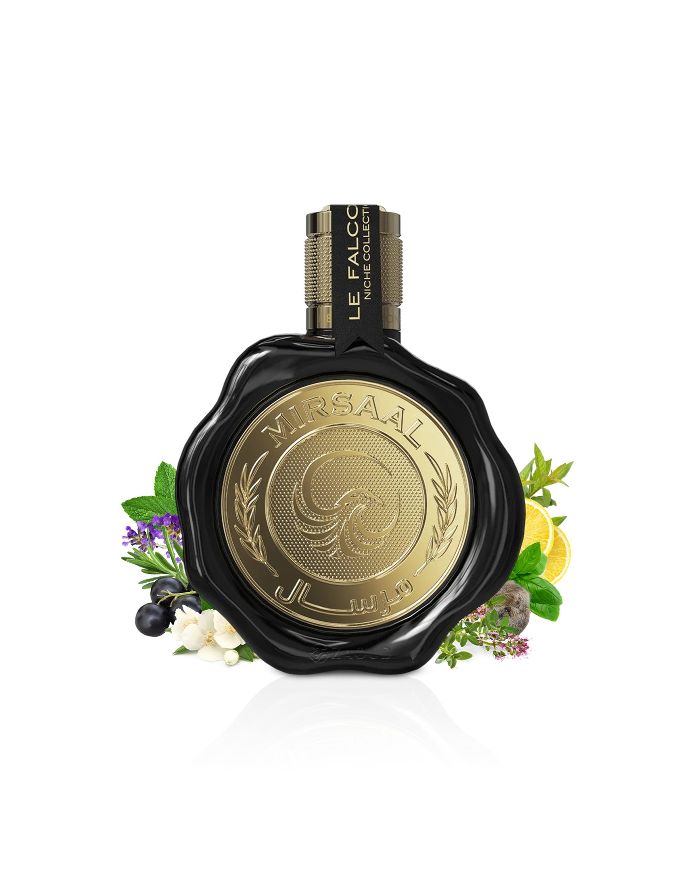 le falcone mirsaal Valentine Perfume bottle with gold label and decorative elements like mint and citrus on a white background