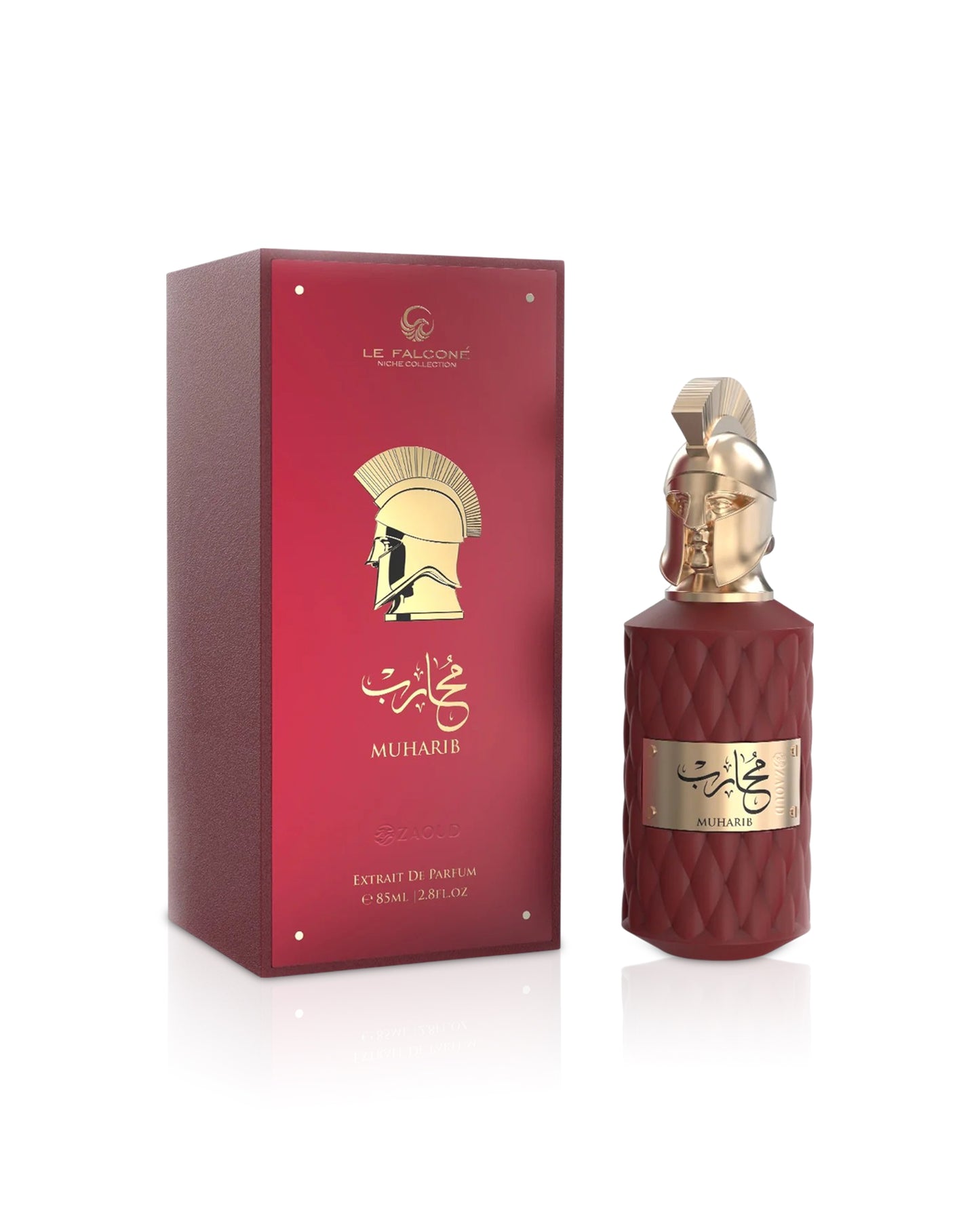 le falcone muharib Red perfume bottle and packaging with gold accents on a white background