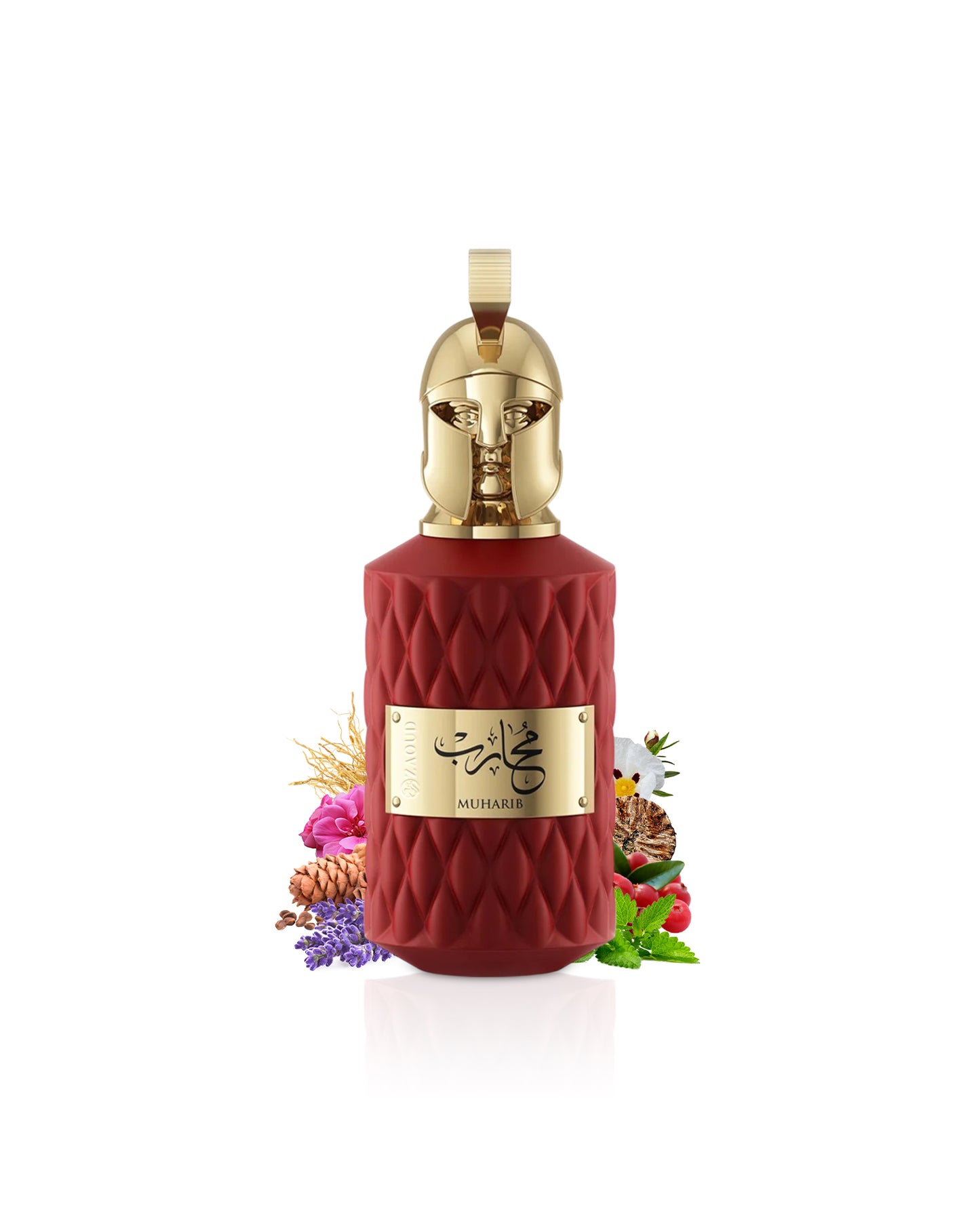 le falcone muharib Red perfume bottle with gold cap and decorative elements like patchouli and lavender on a white background
