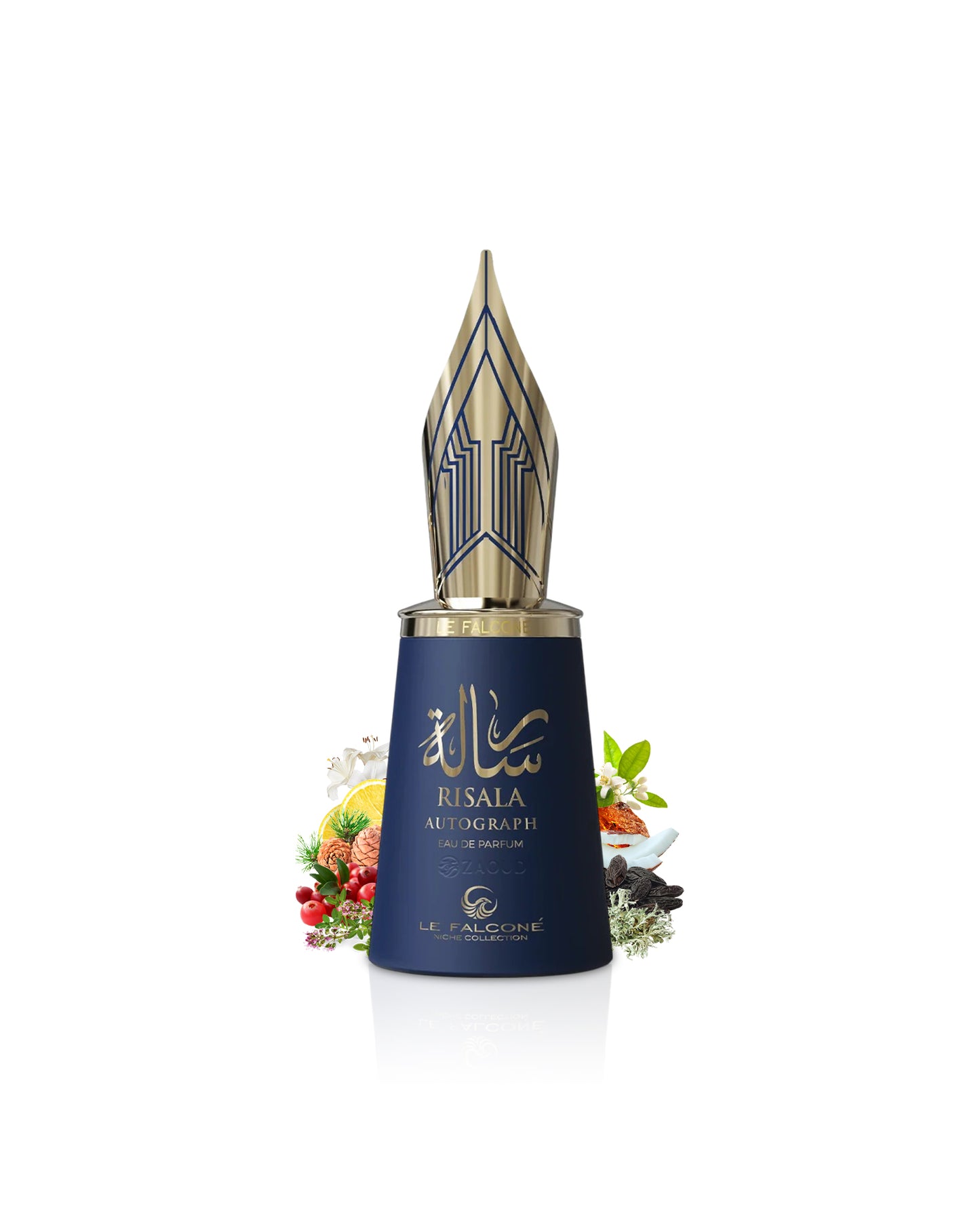le falcone risala autograph peerfume bottle surrounded by tonka and jasmine Fountain pen with decorative cap on a white background