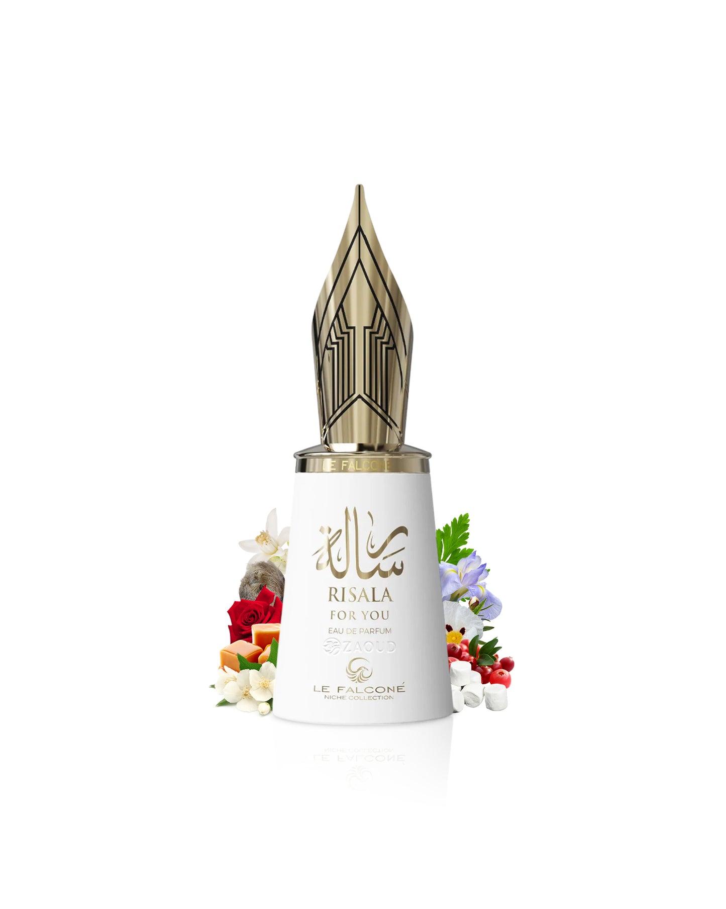 White bottle with gold cap labeled 'Risala for You' by Le Falcoche on a white background with floral elements like jasmine and marshmallow.