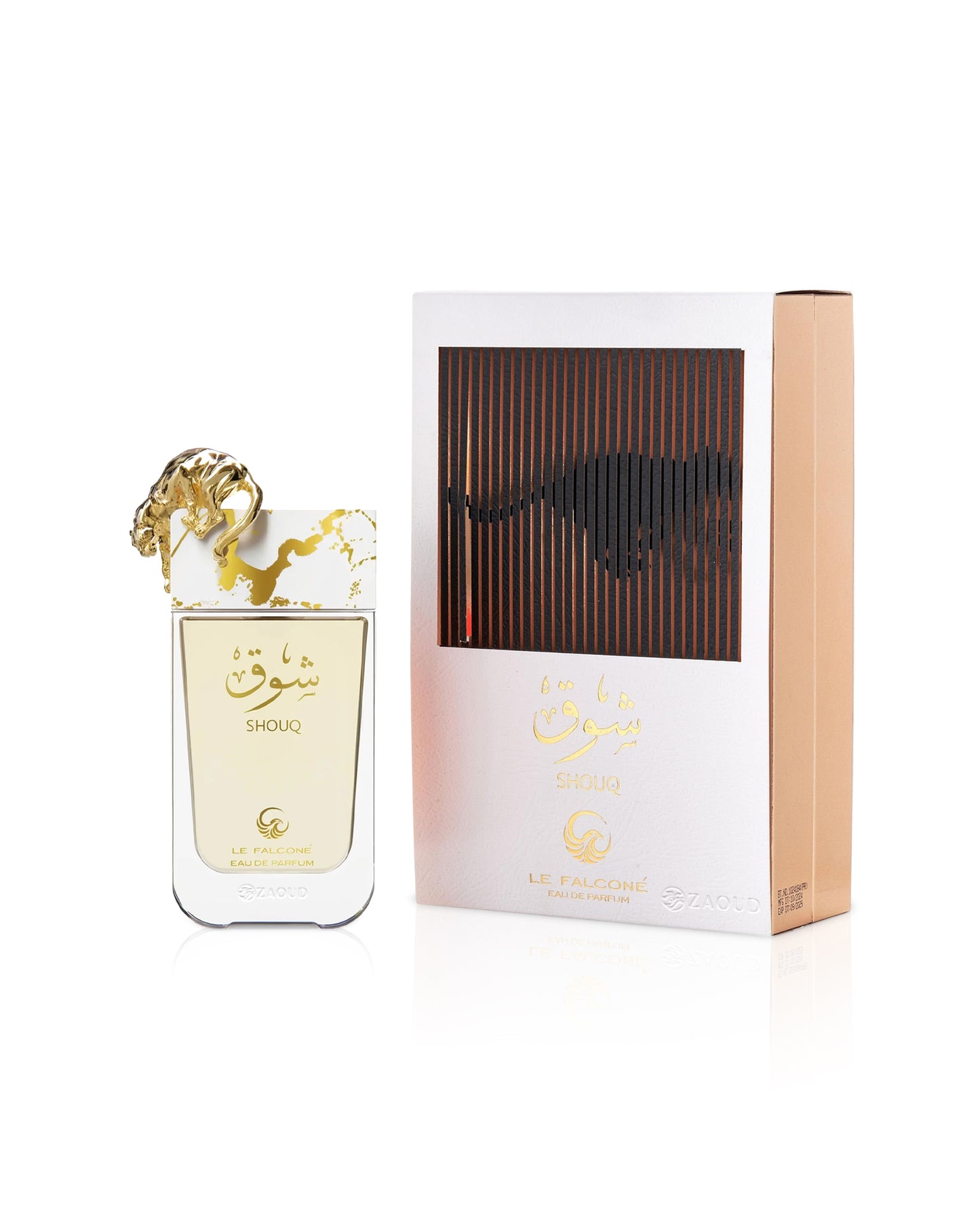 le falcone Shouq Perfume bottle and packaging with gold accents on a white background