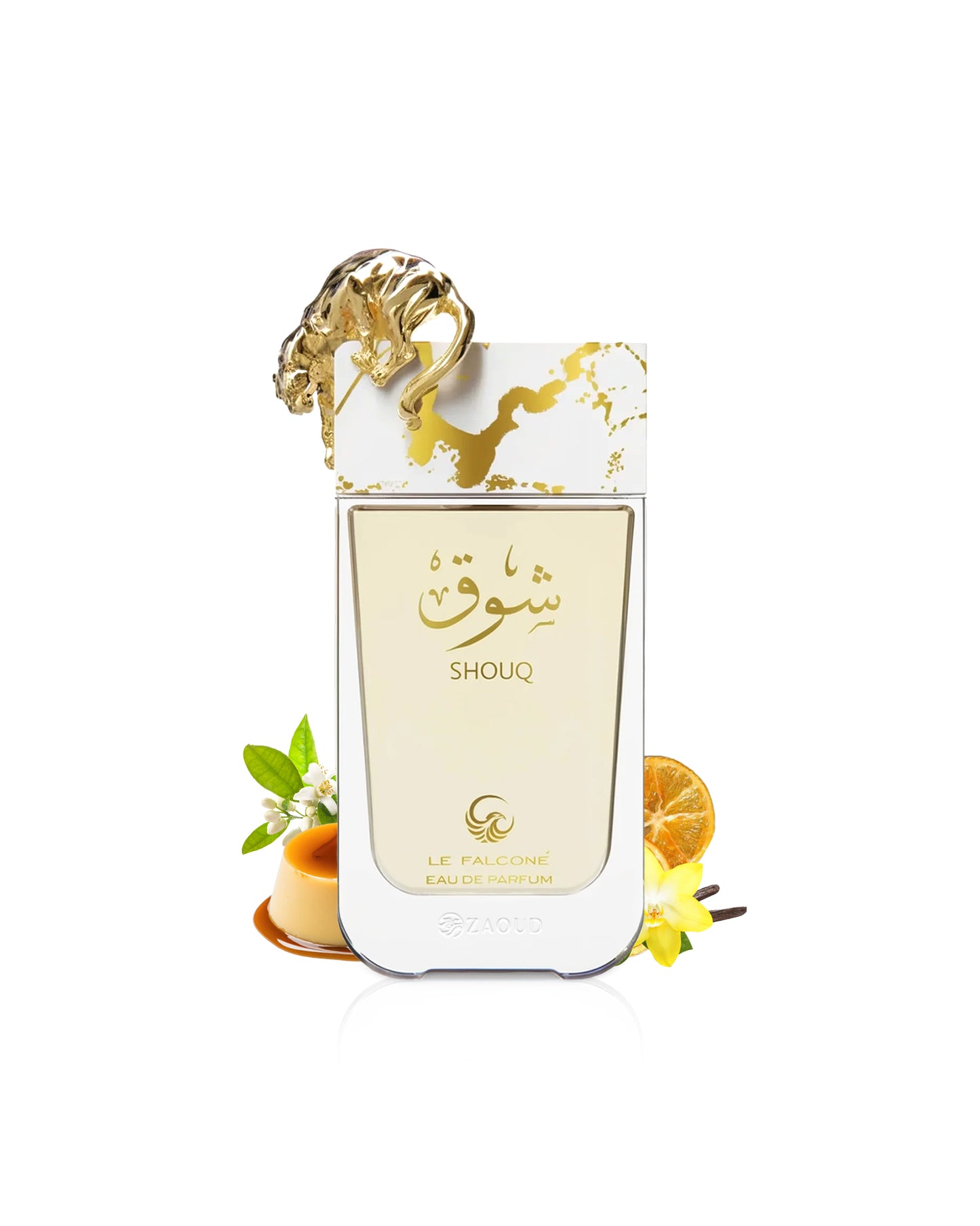 le falcone Shouq Perfume bottle with gold accents surrounded by pannacotta and vanilla and 'SHOUQ' branding on a white background