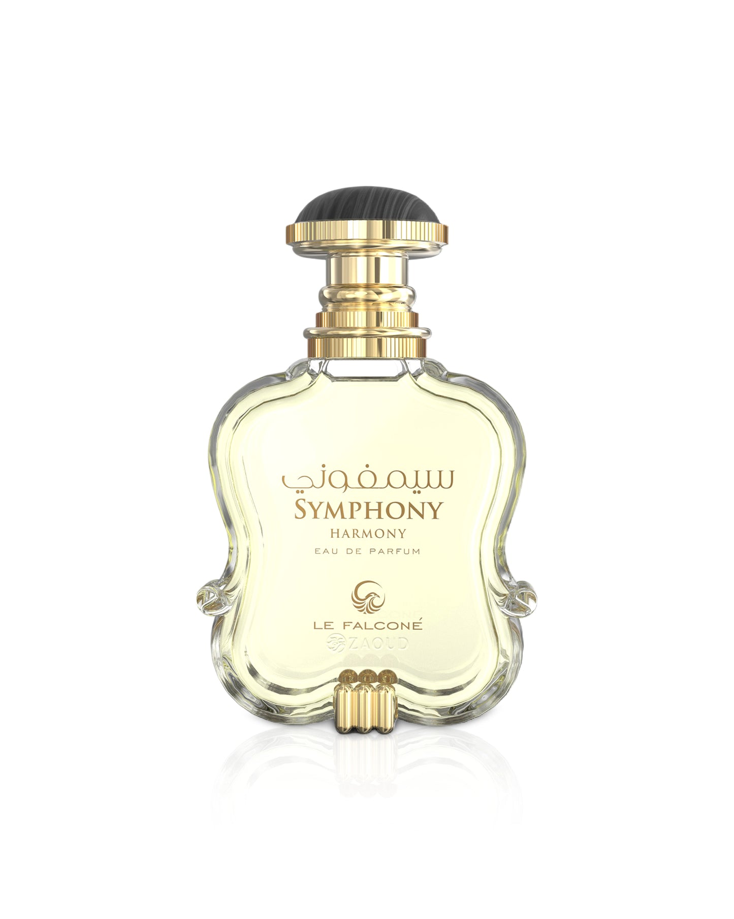 Perfume bottle labeled 'Symphony Harmony' by Le Falcone on a white background