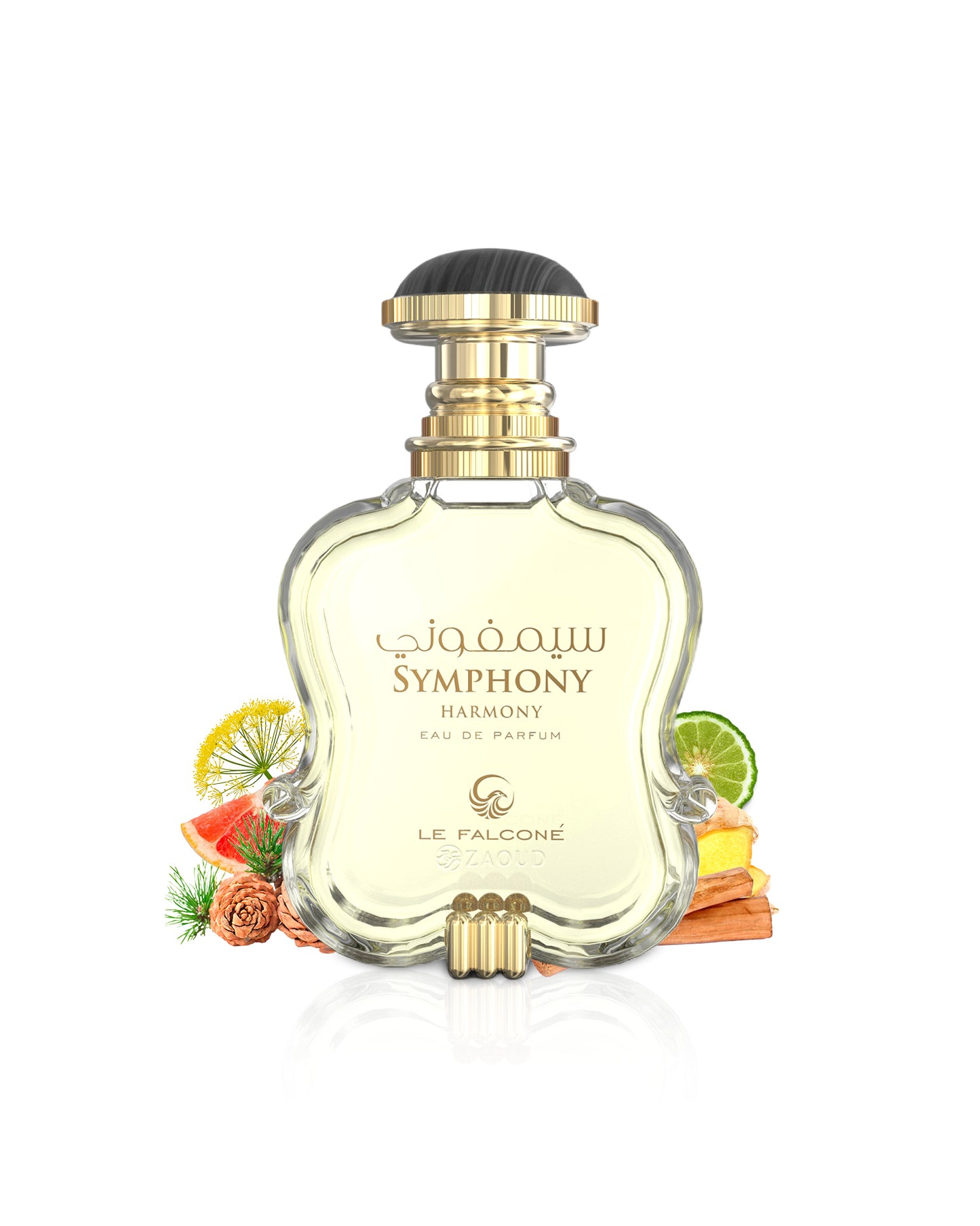 Perfume bottle labeled 'Symphony Harmony' by Le Falcone with decorative elements like ginger and citrus on a white background