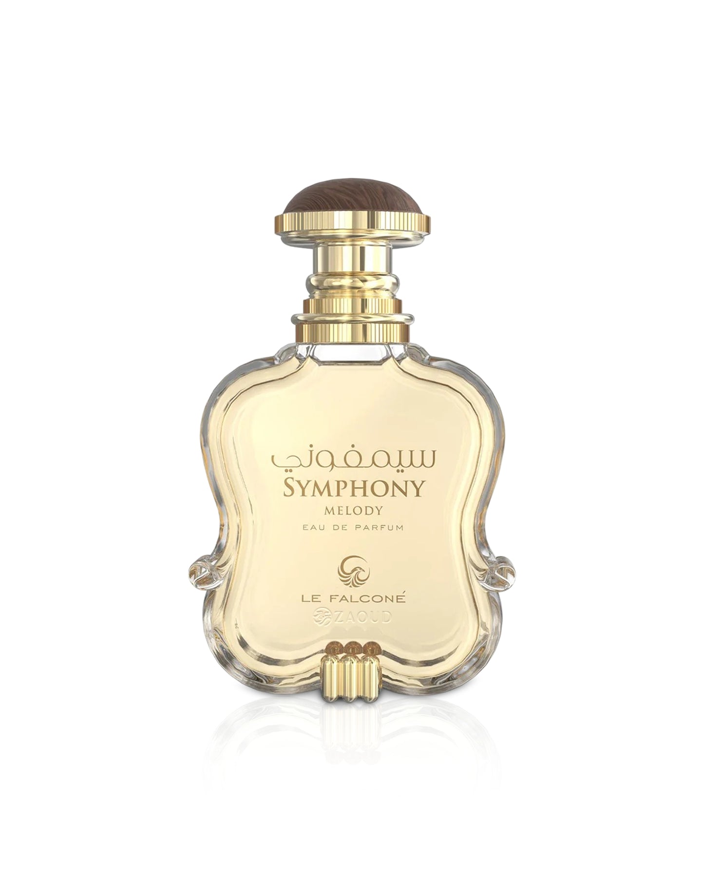 Perfume bottle labeled 'Symphony Melody' by Le Falcone on a white background