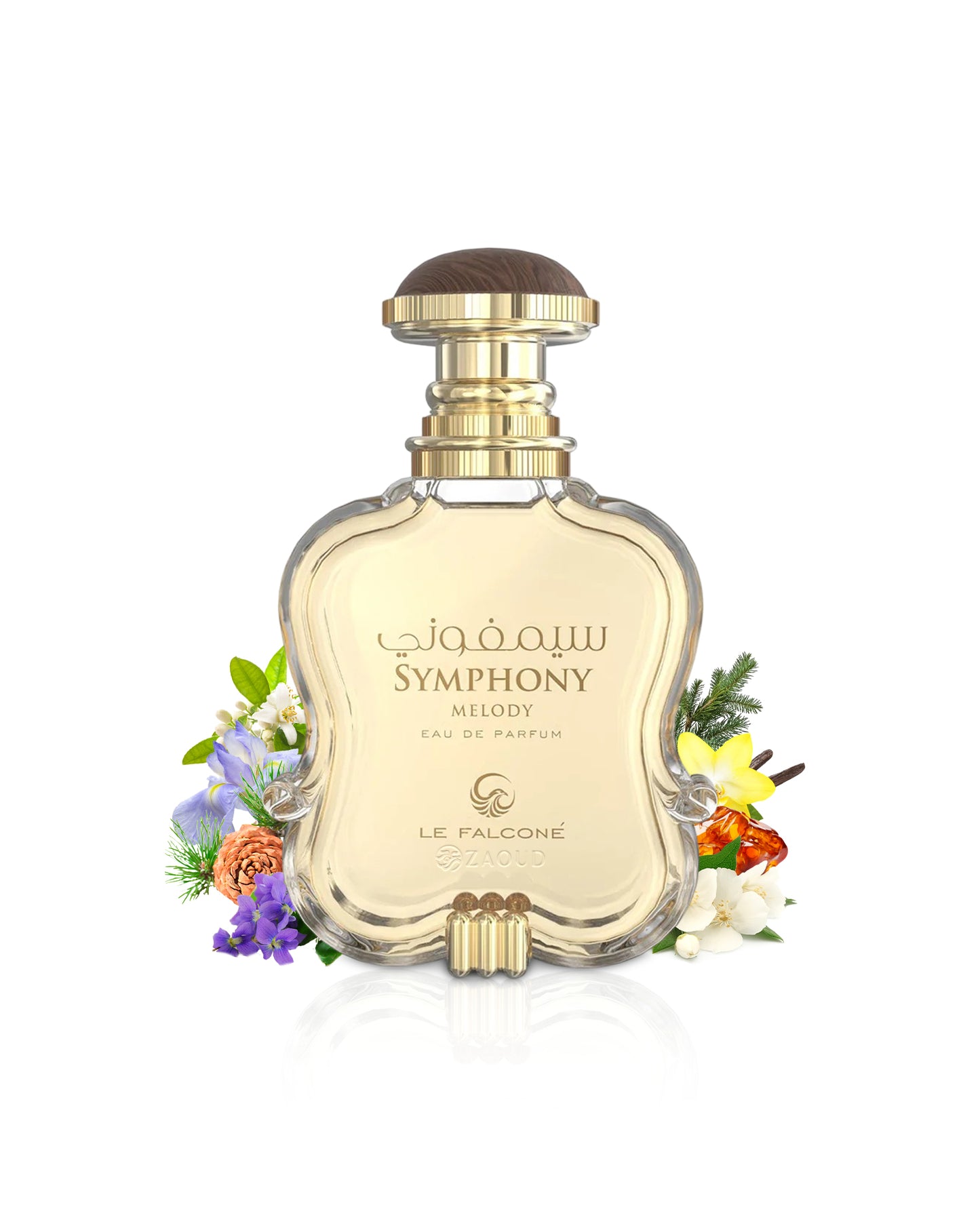 le falcone symphoni melody Perfume bottle labeled 'Symphony' with floral decorations like amber and fig on a white background
