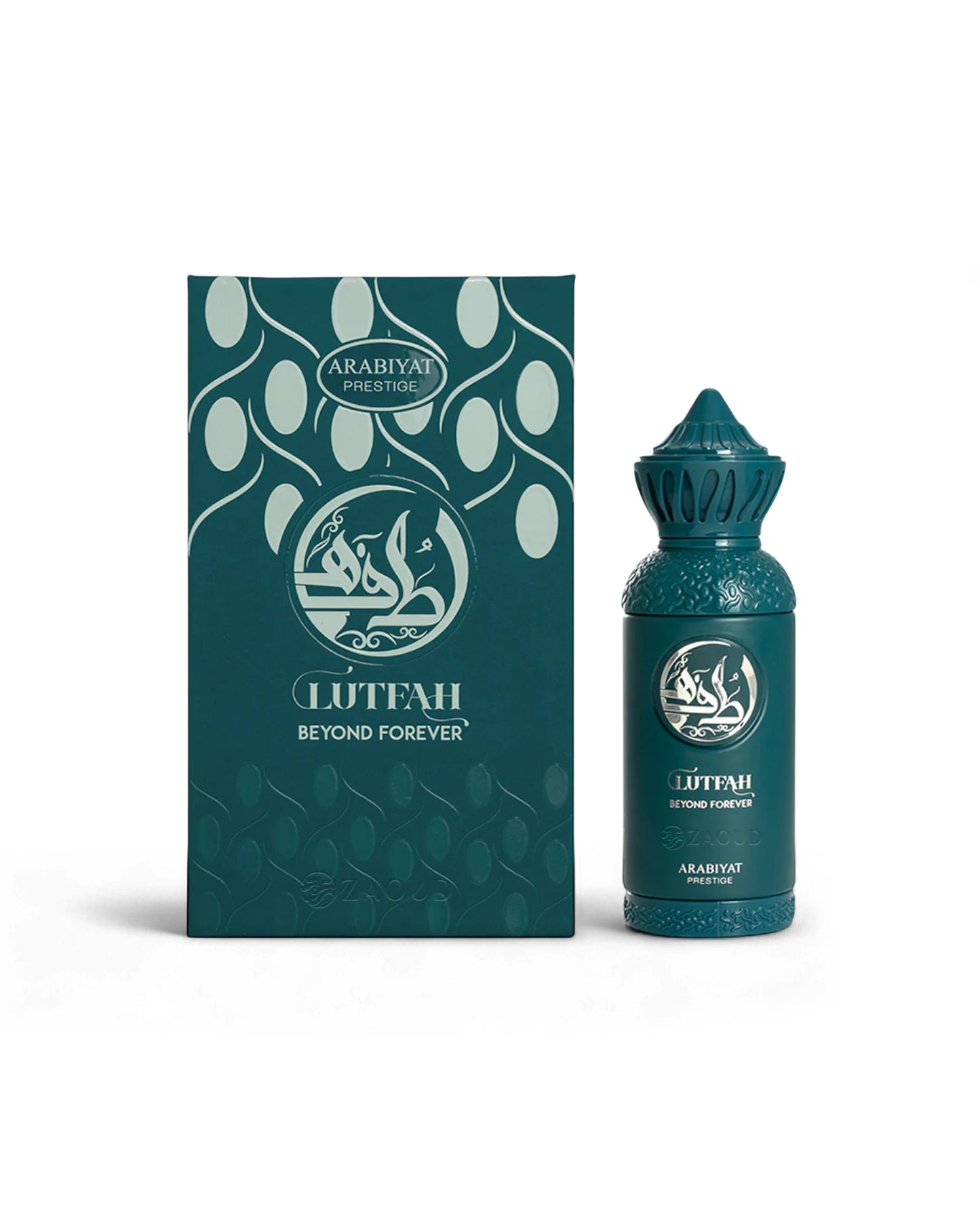 lutfah beyond forever perfume bottle shows beside its box against white background