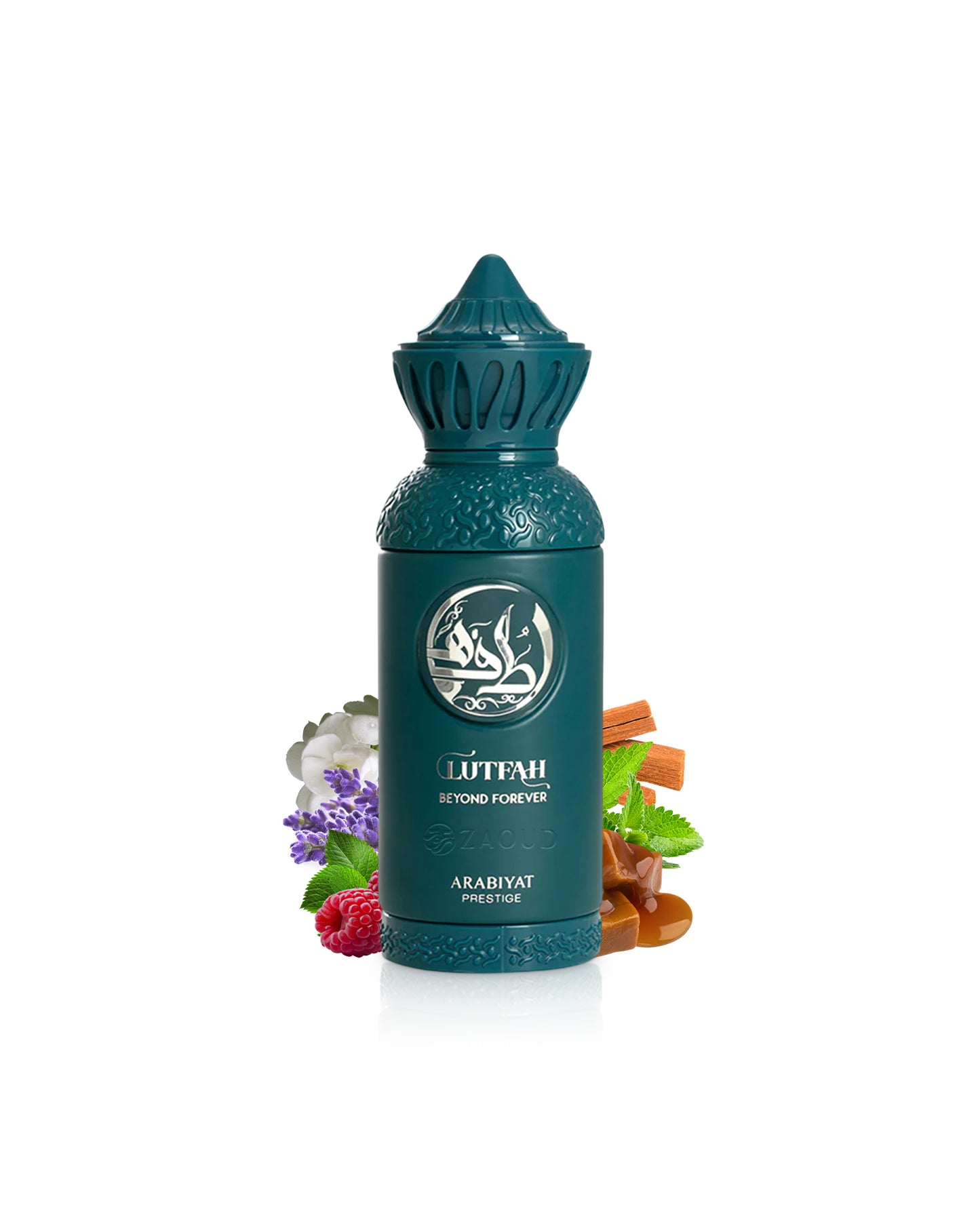 lutfah beyond forever perfume bottle with decorative elements like raspberry and caramel on a white background
