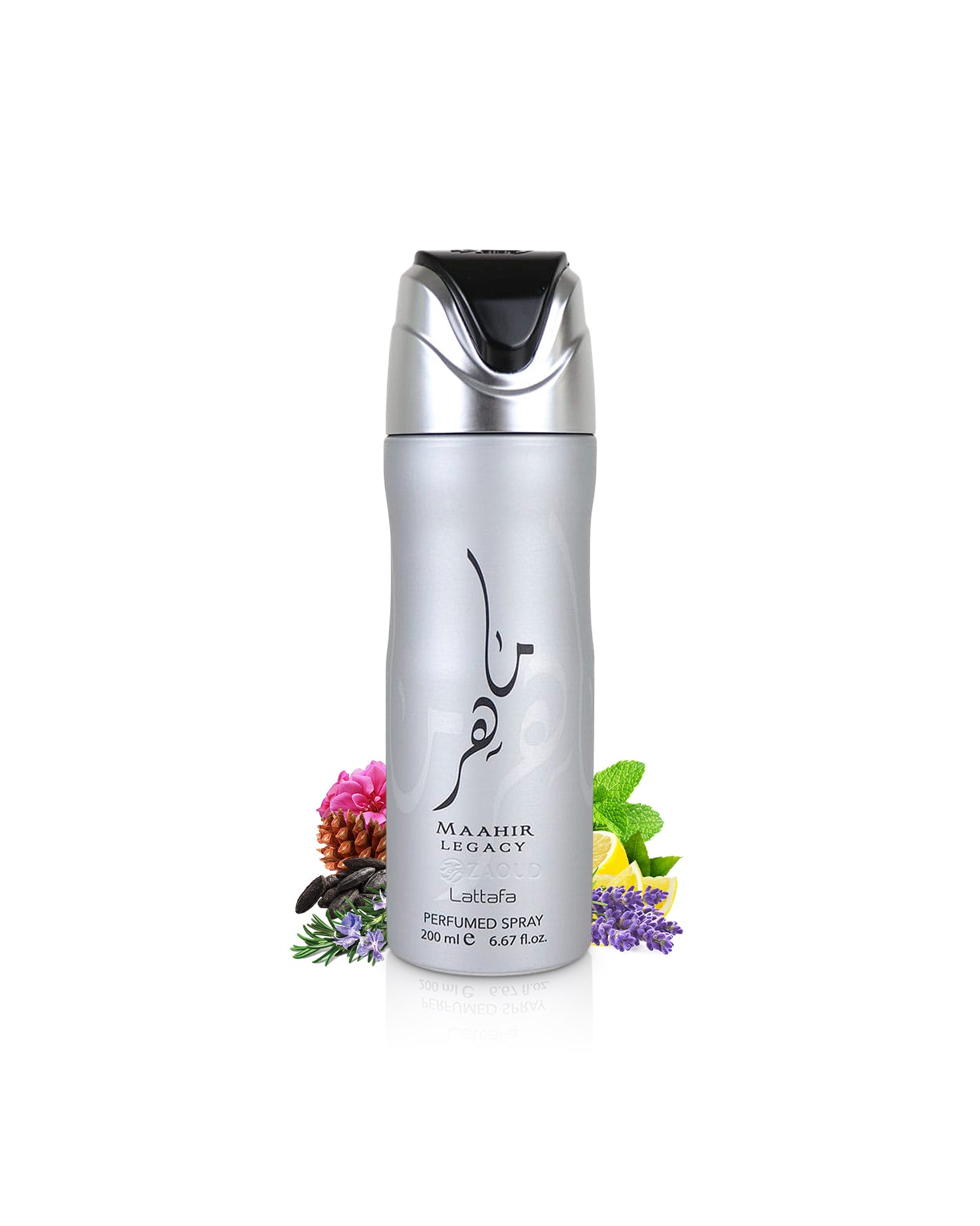 lattafa maahir legacy deodorant bottle surrounded with fragrance notes like lavender and peony shows against white background