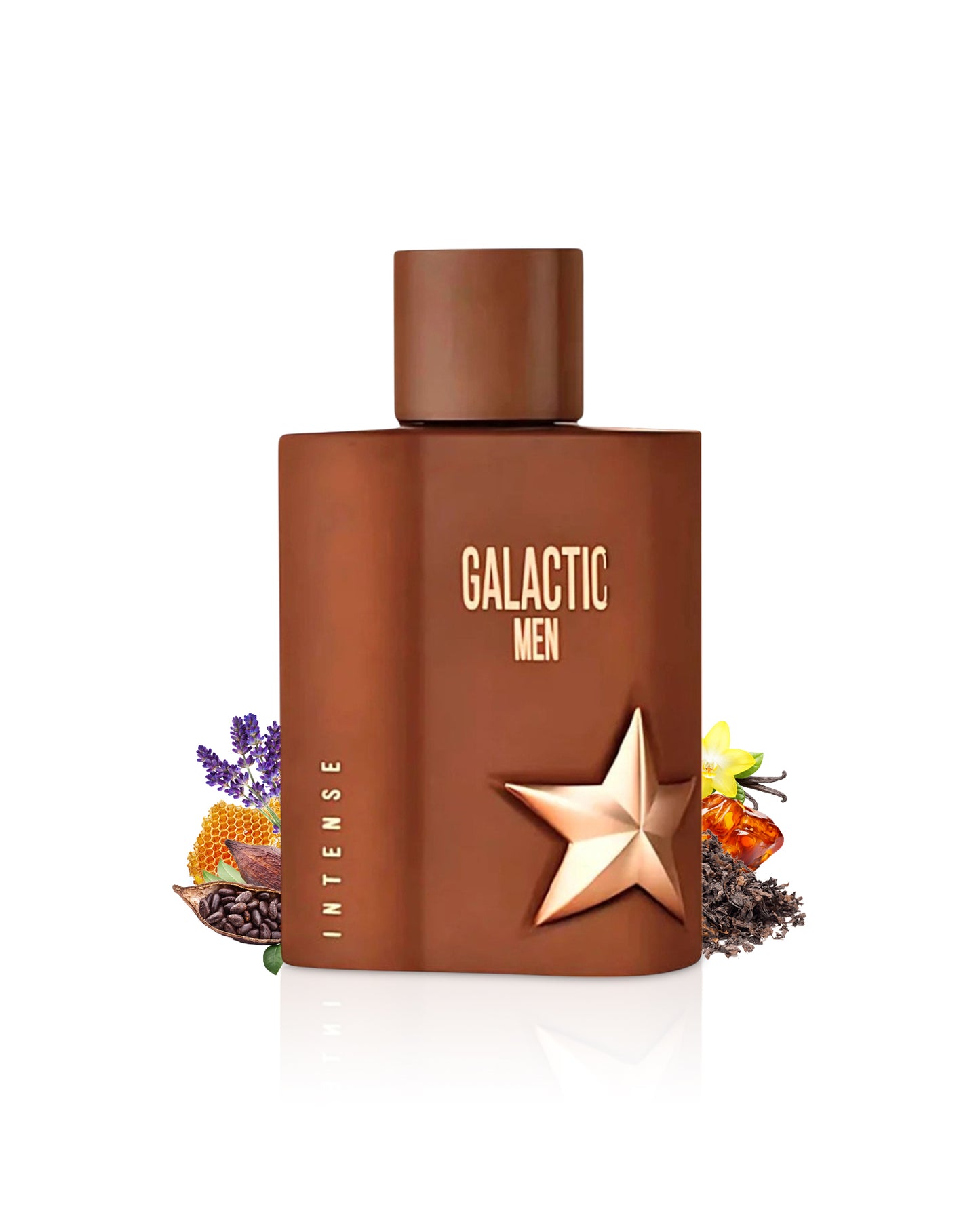 maison alhambra galactic men Brown perfume bottle surrounded by fragrance notes like coffee and tobacco with star design on a white background