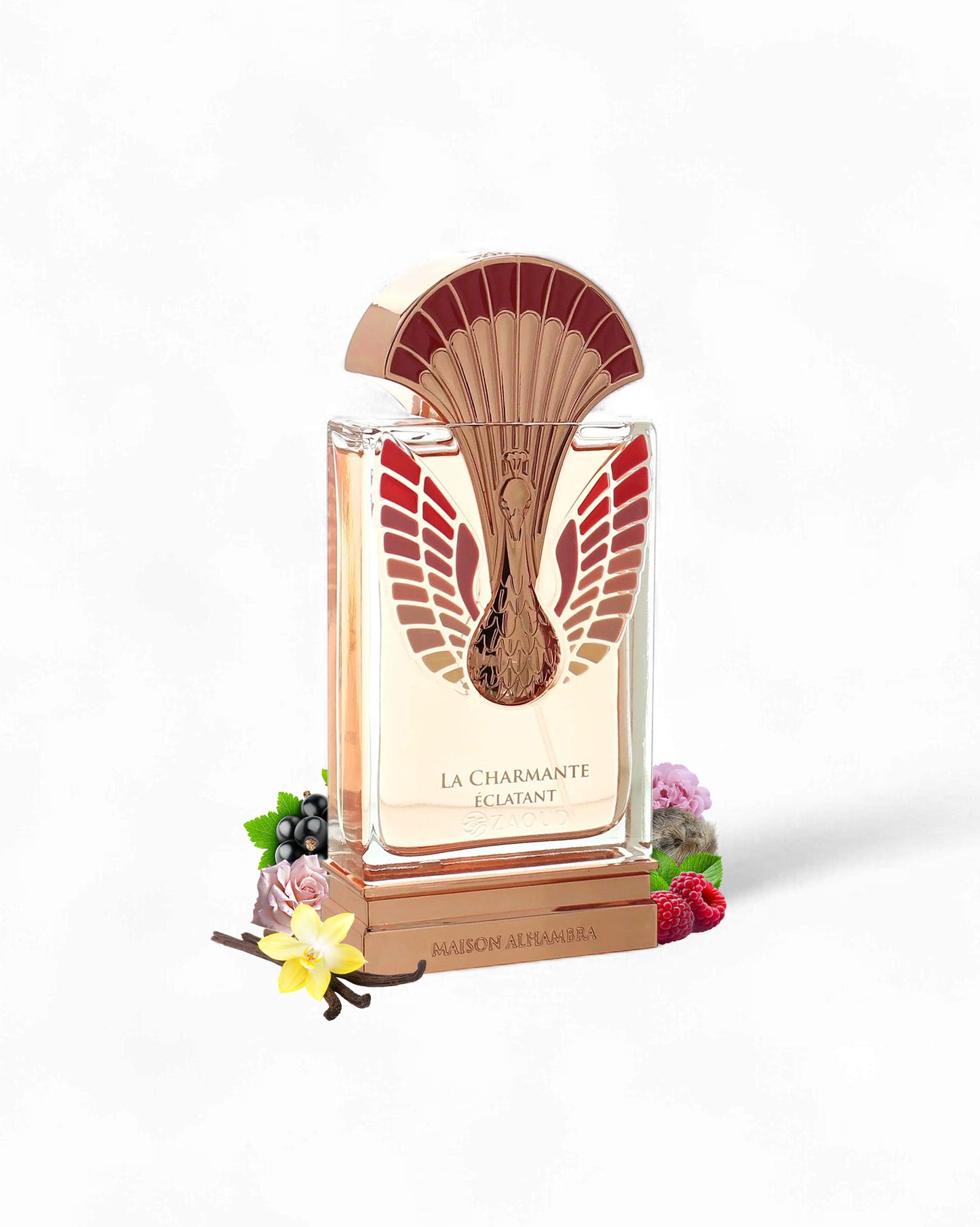 Maison Alhambra La Charmante Eclatant perfume bottle surrounded by fragrance notes like vanilla and raspberry shows against white background