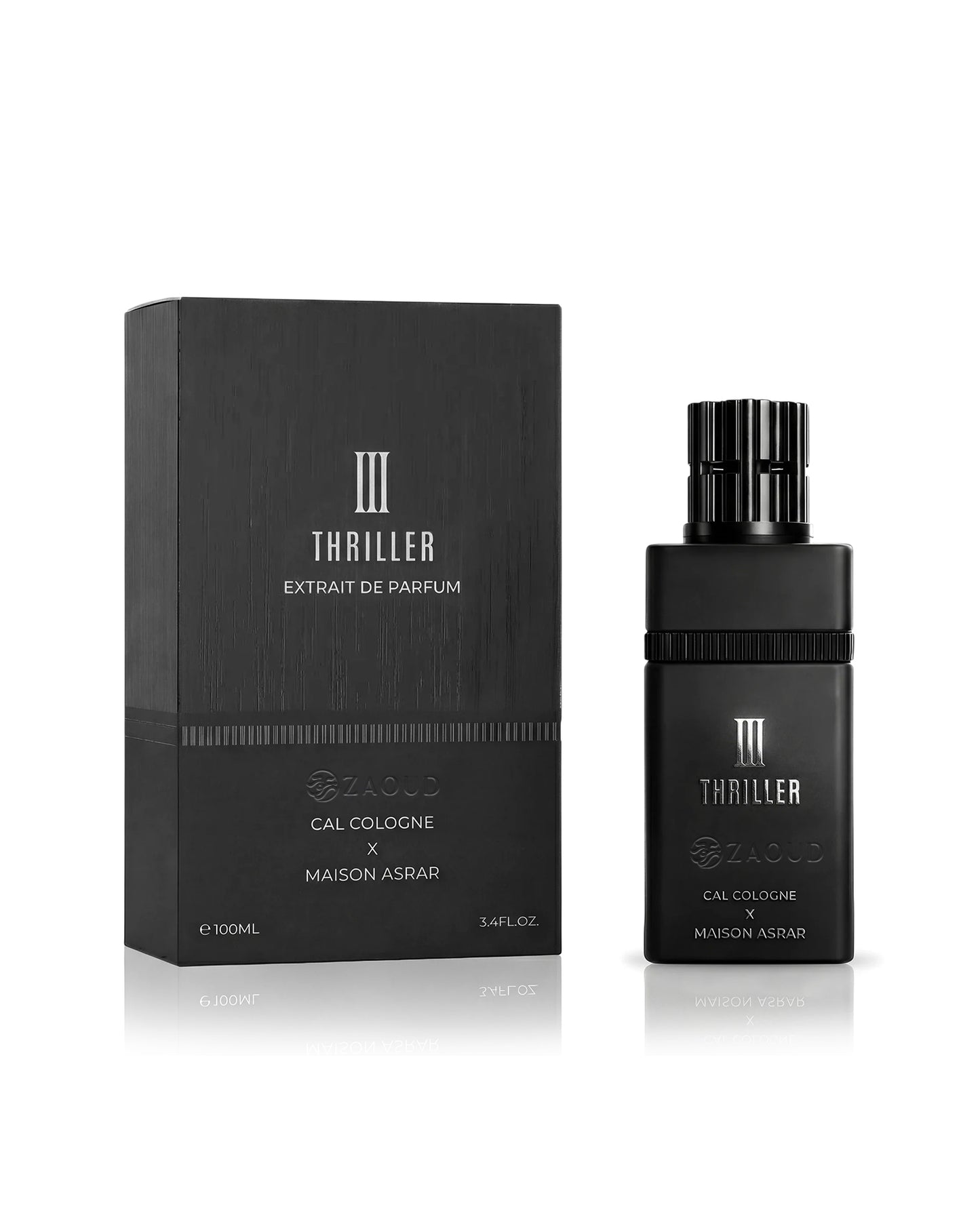 maison asrar thriller 3 perfume bottle shows beside its packaging against white background